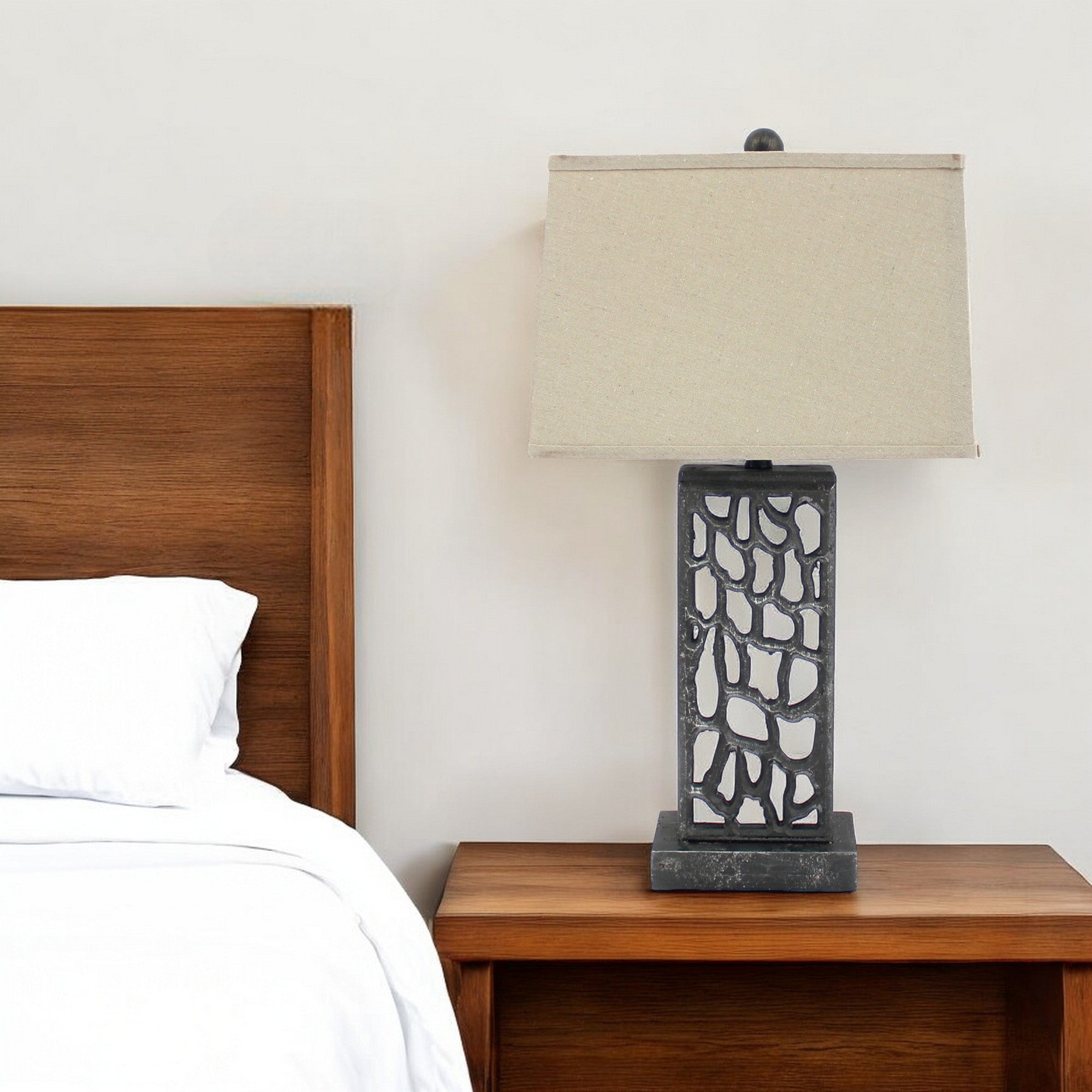 29" Distressed Black Metal Bedside Lamp With Beige Shade-Table Lamps-DECOROLALA