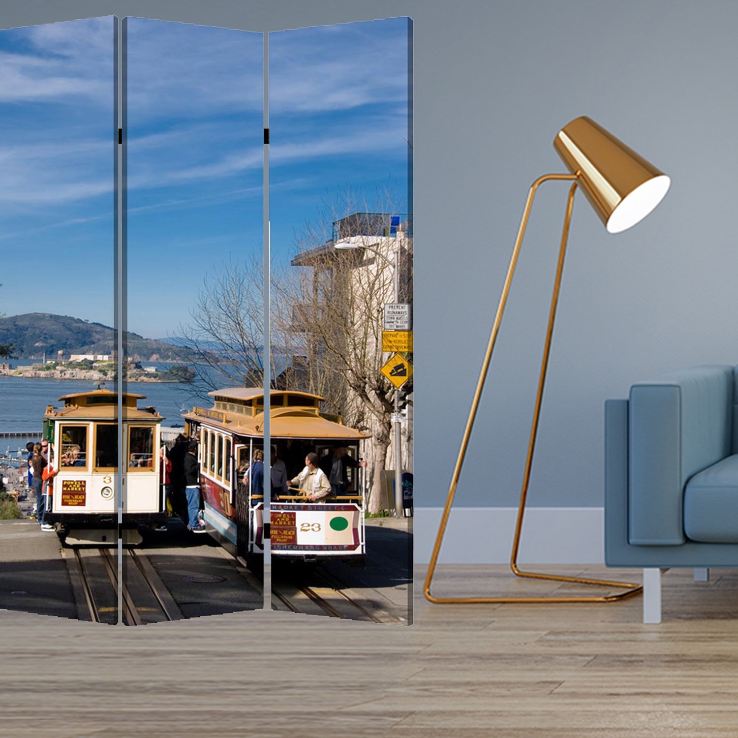 48" X 72" Multi Color Wood Canvas San Francisco Screen-Room Dividers-DECOROLALA