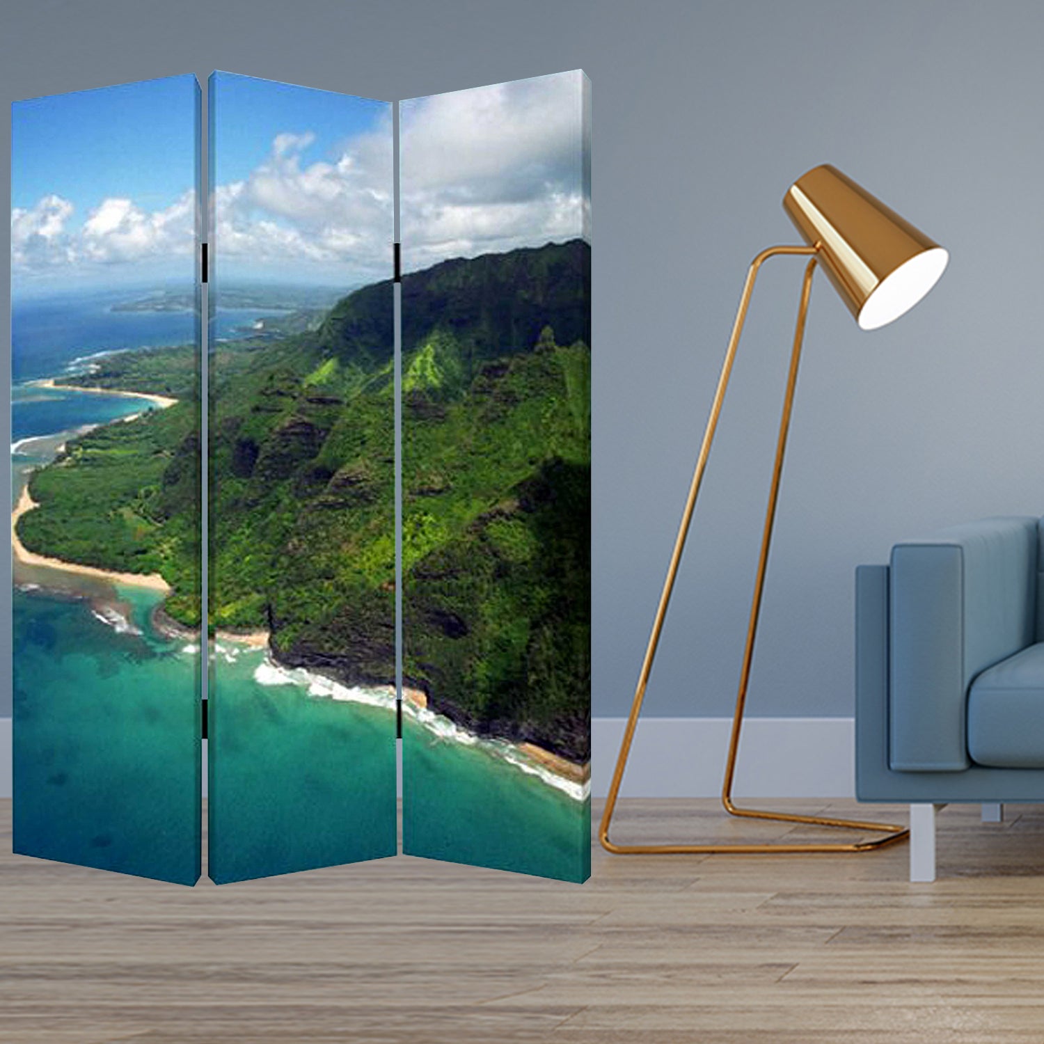 48 X 72 Multi Color Wood Canvas Palm Tripical Screen-Room Dividers-DECOROLALA