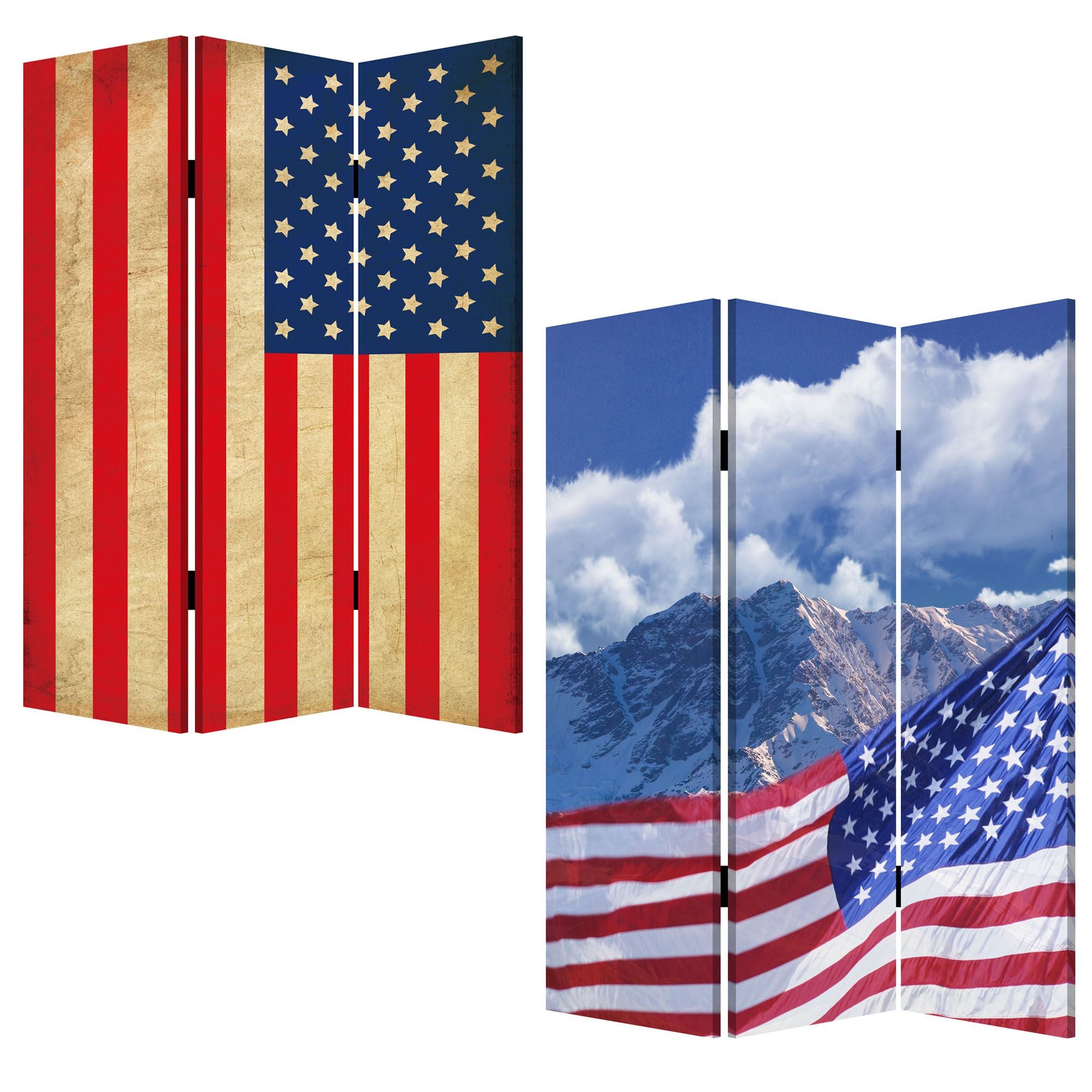 72" Red White And Blue American Flag Reversible Canvas Folding Three Panel Room Divider-Room Dividers-DECOROLALA