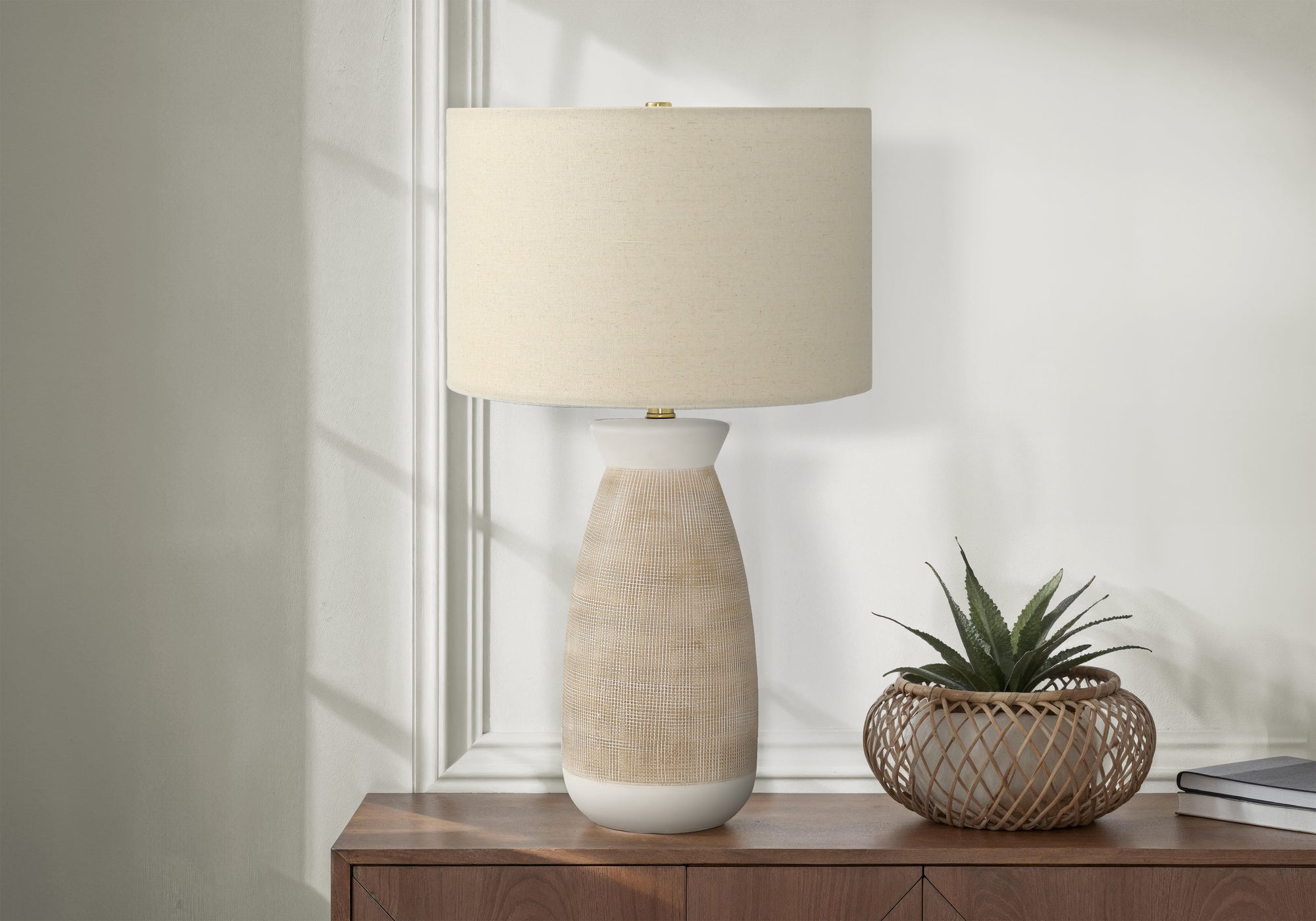 27"H Cream Ceramic Table Lamp with Beige Shade-Lighting-DECOROLALA