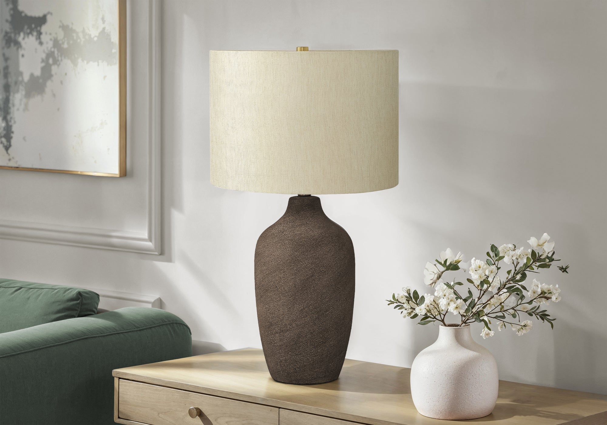 27"H Grey Ceramic Table Lamp with Beige Shade-Lighting-DECOROLALA