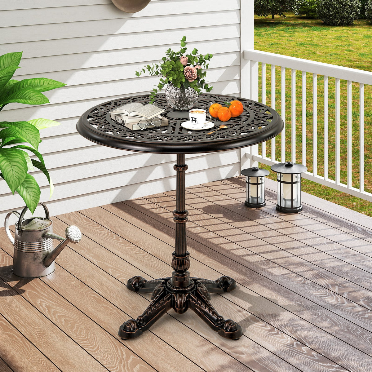 27Inch Round Cast Aluminum Patio Bistro Table with Hollow Top-Copper-Patio Coffee Tables-DECOROLALA
