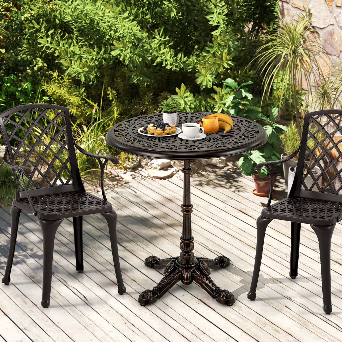 27Inch Round Cast Aluminum Patio Bistro Table with Hollow Top-Copper-Patio Coffee Tables-DECOROLALA