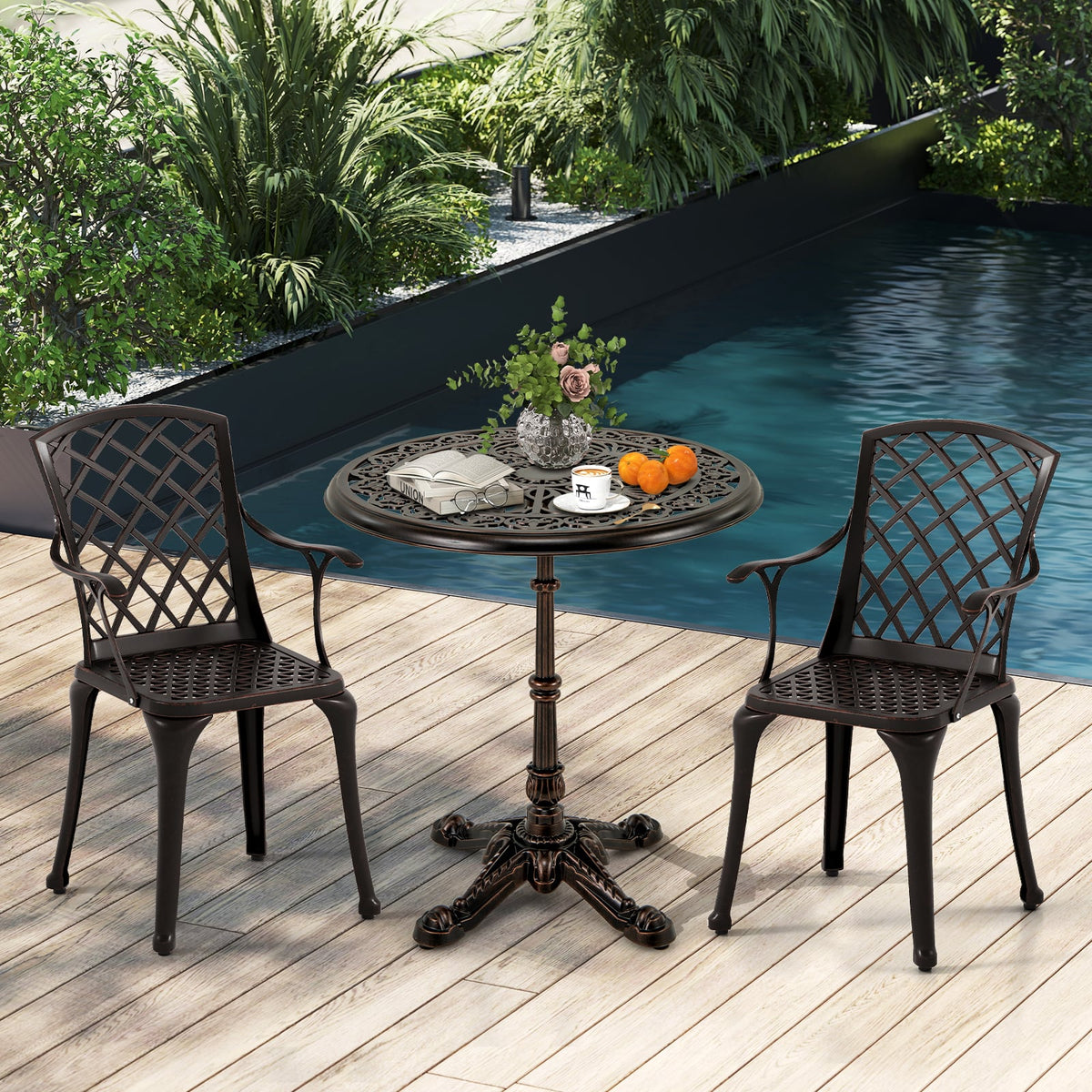 27Inch Round Cast Aluminum Patio Bistro Table with Hollow Top-Copper-Patio Coffee Tables-DECOROLALA