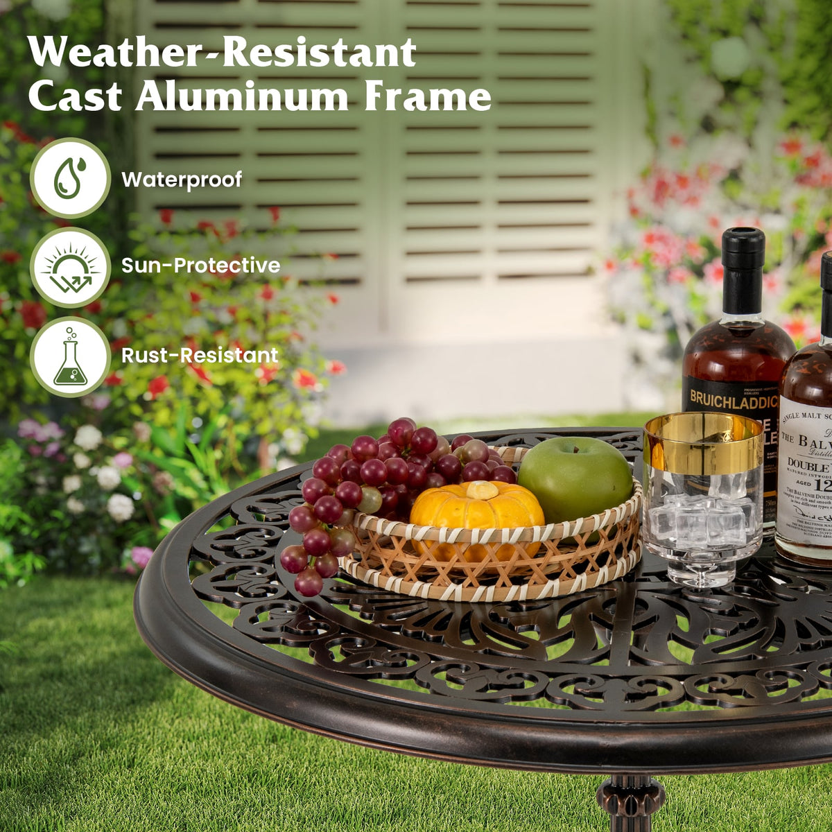 27Inch Round Cast Aluminum Patio Bistro Table with Hollow Top-Copper-Patio Coffee Tables-DECOROLALA