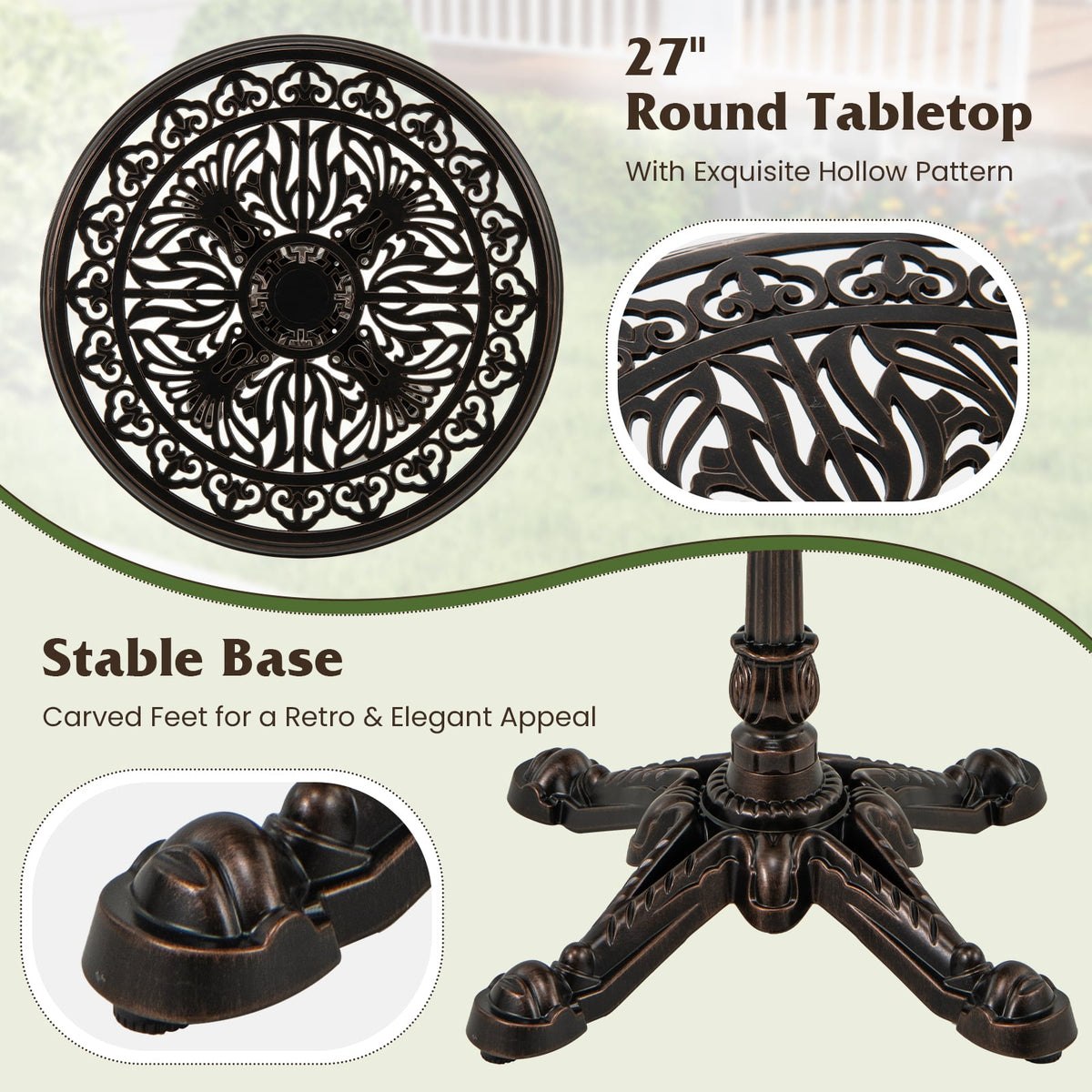 27Inch Round Cast Aluminum Patio Bistro Table with Hollow Top-Copper-Patio Coffee Tables-DECOROLALA