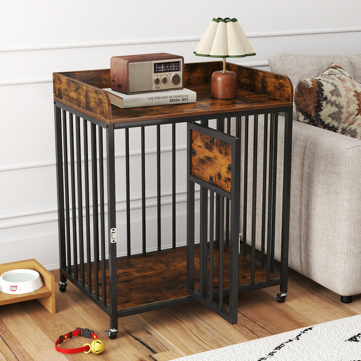 27.5 Inch Dog Crate Furniture with Wheels for Small Dogs and Puppies-Rustic Brown-Dog Kennels-DECOROLALA
