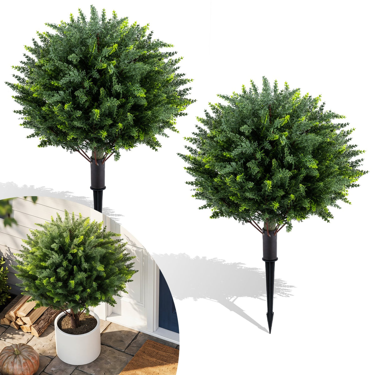 27.5 inch Artificial Cypress Topiary Trees with Ground Spikes Set of 2-Artificial Plants-DECOROLALA