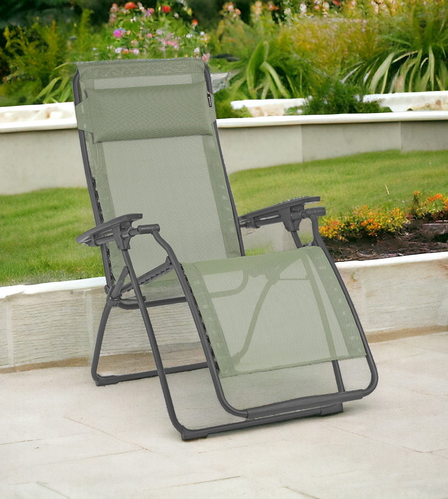 28" Beige and Gray Metal Zero Gravity Chair-Outdoor Chairs-DECOROLALA