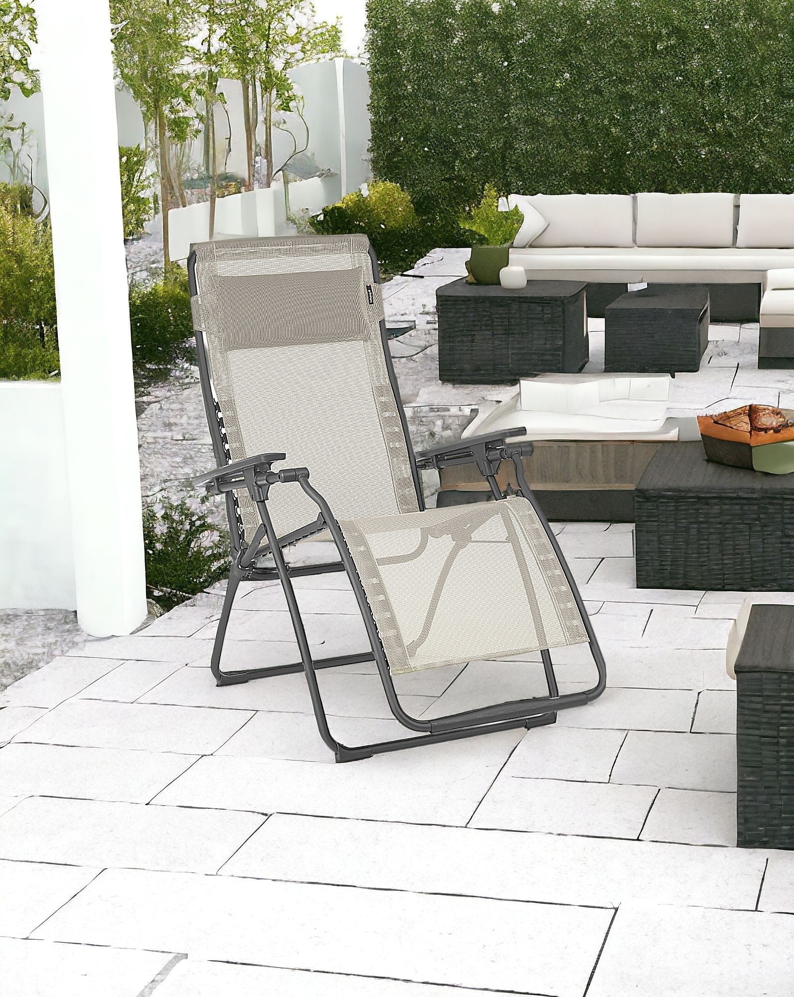 28" Beige and Gray Metal Zero Gravity Chair-Outdoor Chairs-DECOROLALA