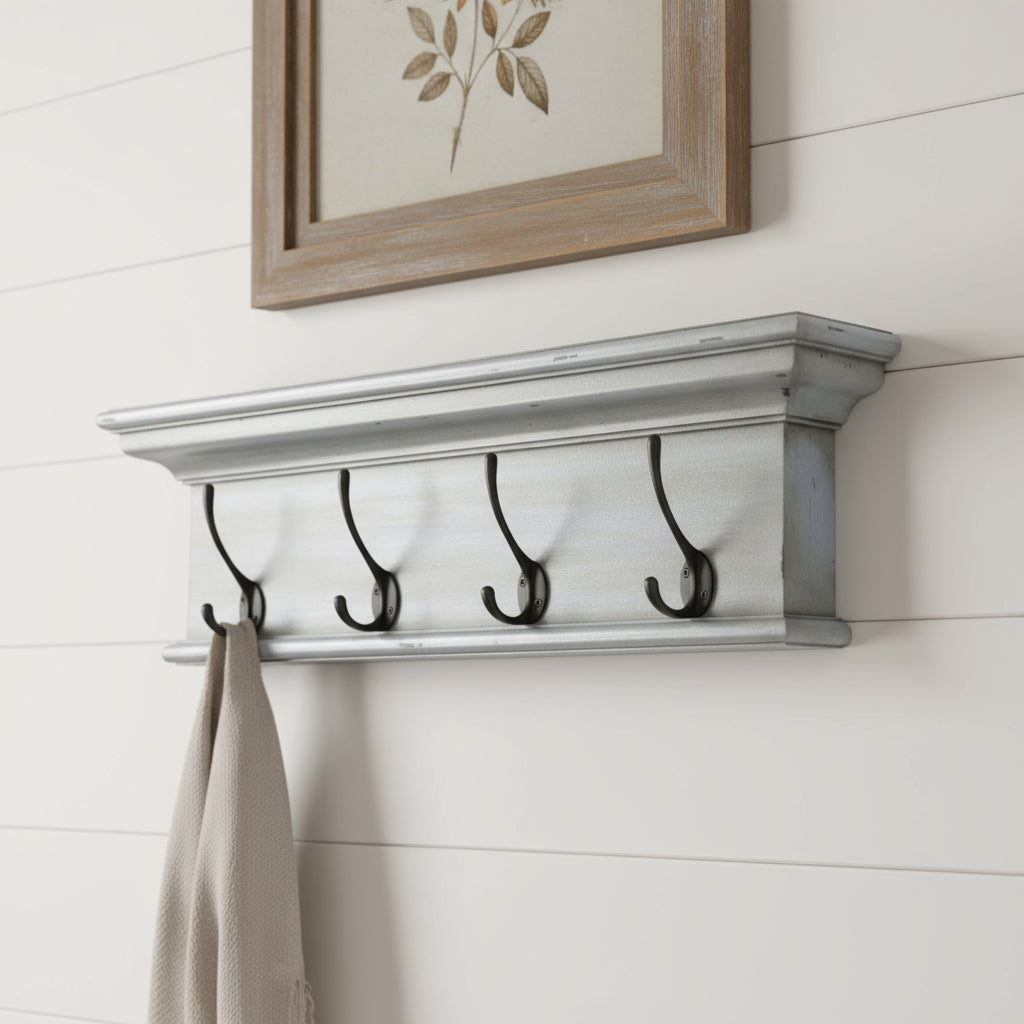 28" Black And Blue Solid Wood Four Hook Wall Mount Coat Rack-Coat Hangers-DECOROLALA