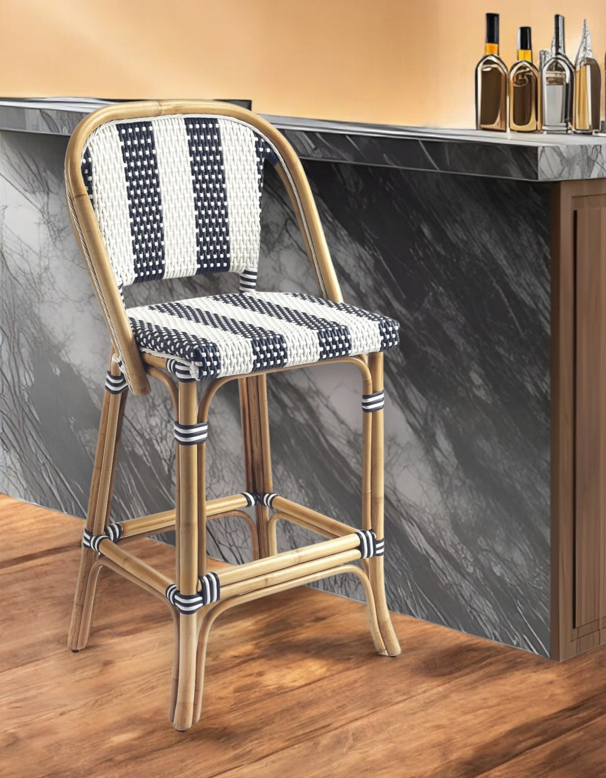 28" Blue and White and Natural Rattan Bar Chair-Bar Chairs-DECOROLALA