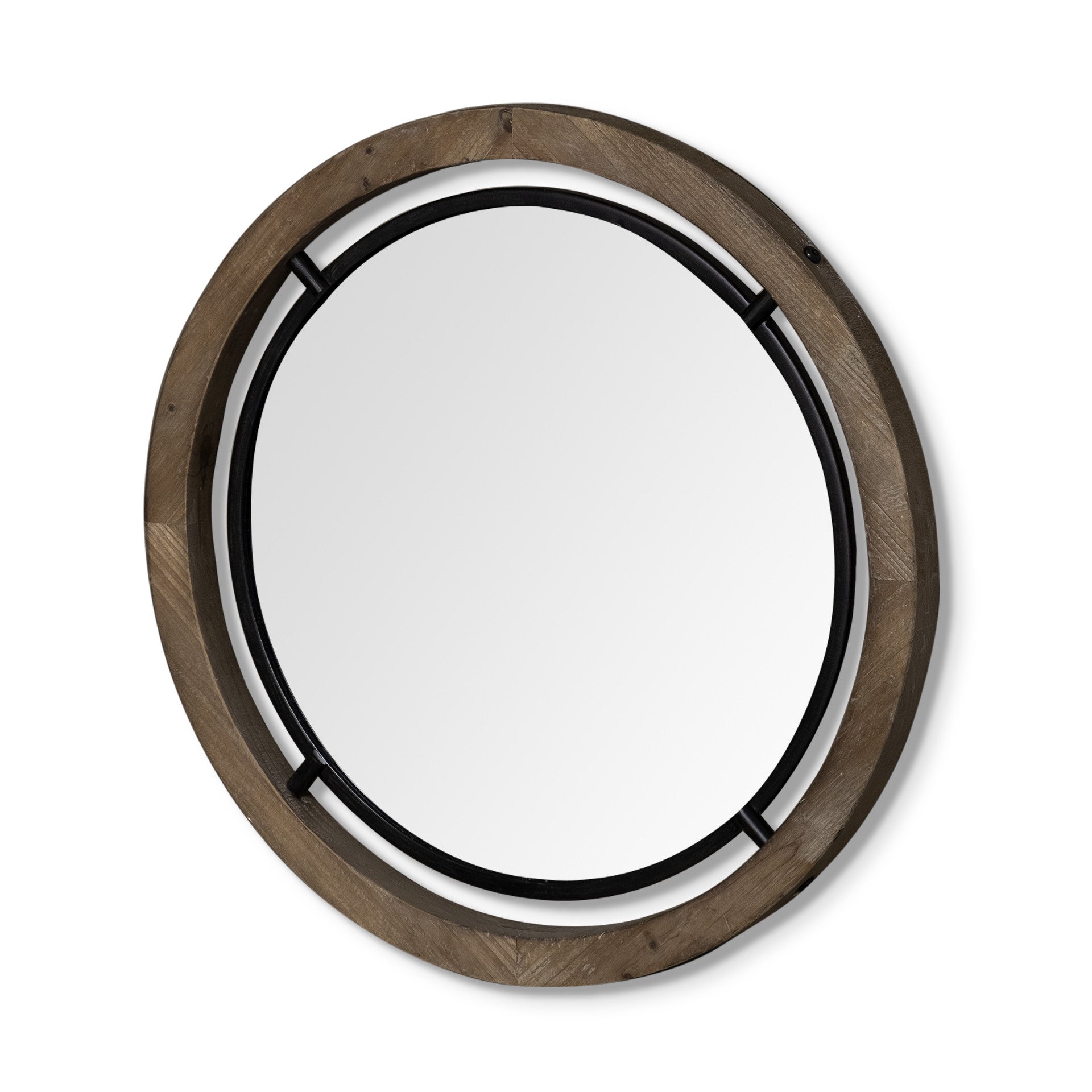 28" Brown Round Wood Framed Accent Mirror-Mirrors-DECOROLALA