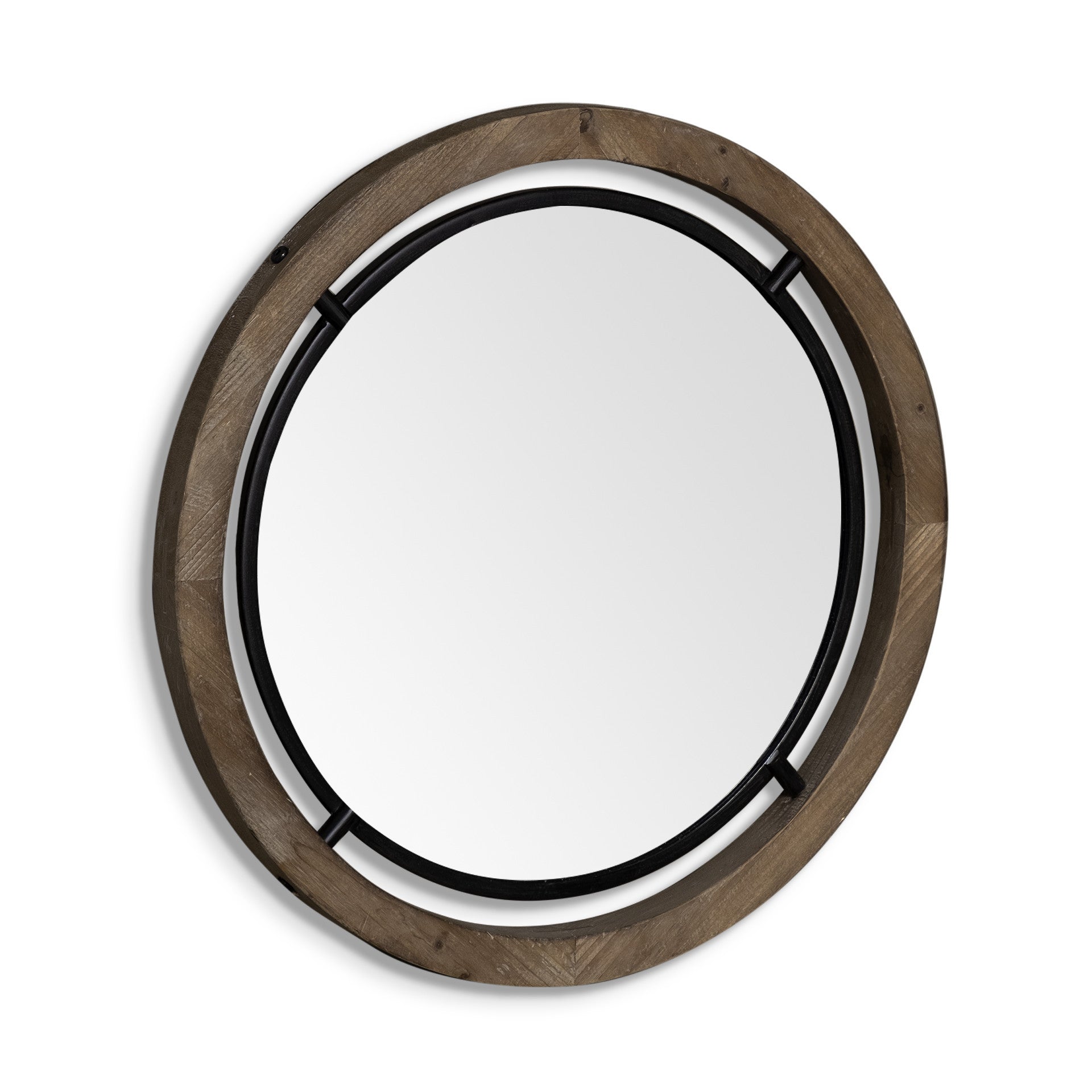 28" Brown Round Wood Framed Accent Mirror-Mirrors-DECOROLALA