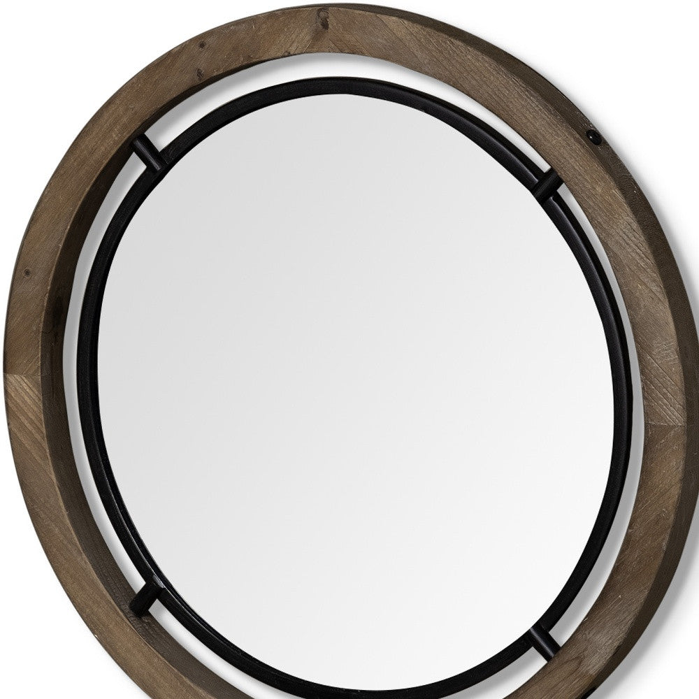 28" Brown Round Wood Framed Accent Mirror-Mirrors-DECOROLALA