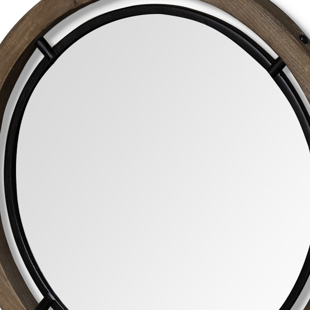 28" Brown Round Wood Framed Accent Mirror-Mirrors-DECOROLALA