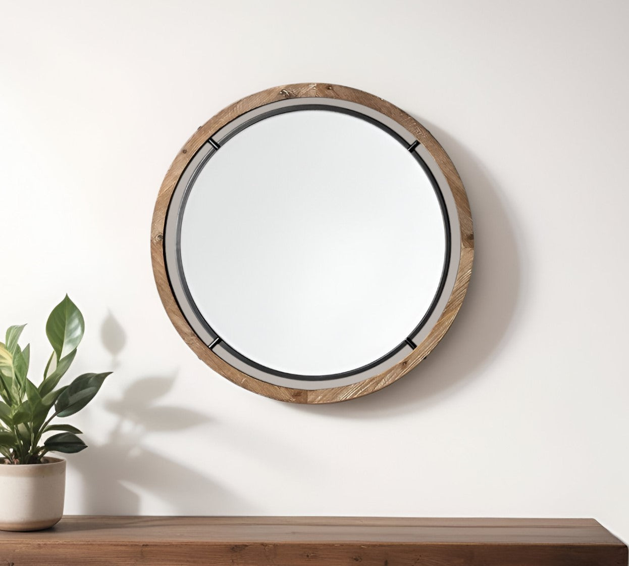 28" Brown Round Wood Framed Accent Mirror-Mirrors-DECOROLALA