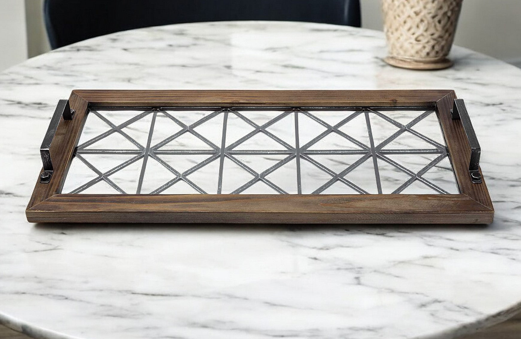 28" Brown Wood Indoor Outdoor Tray With Handles-Trays-DECOROLALA