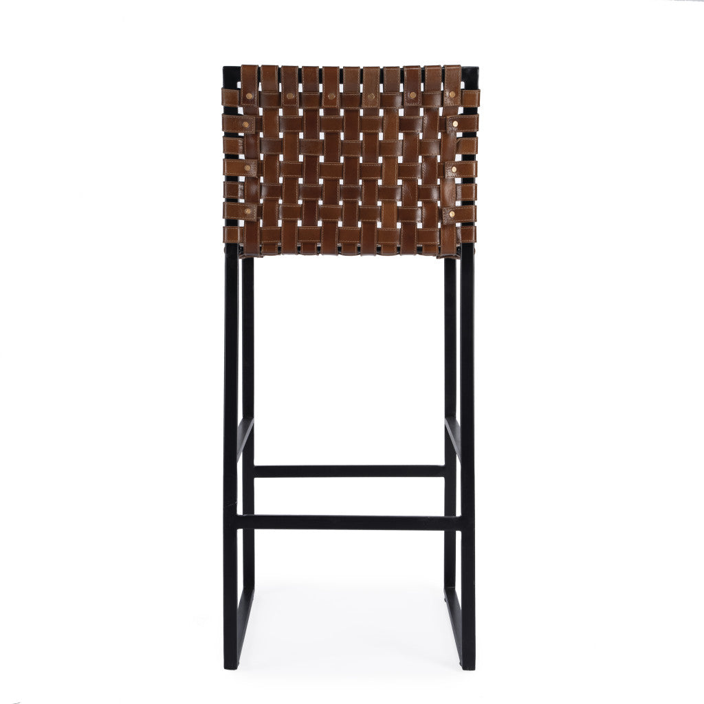 28" Brown and Black Leather and Iron Bar Chair-Bar Chairs-DECOROLALA