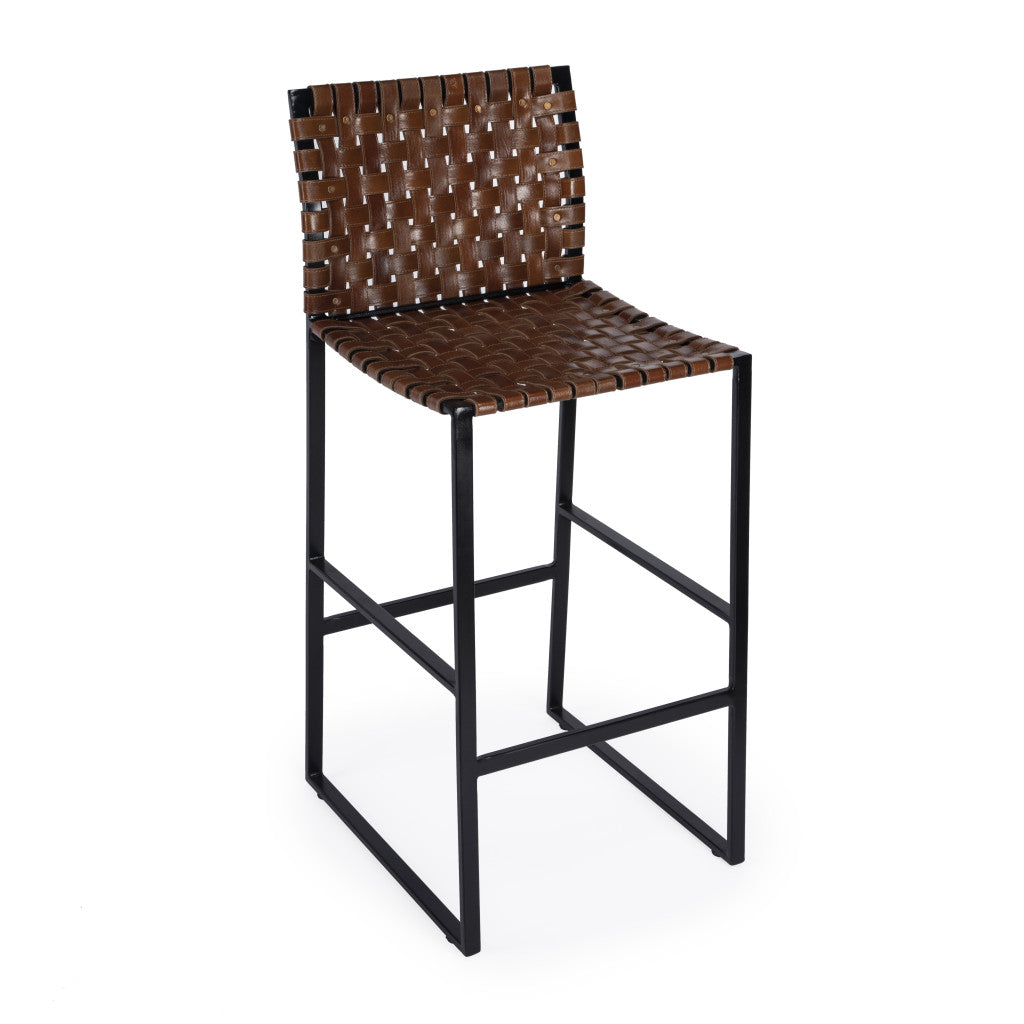 28" Brown and Black Leather and Iron Bar Chair-Bar Chairs-DECOROLALA