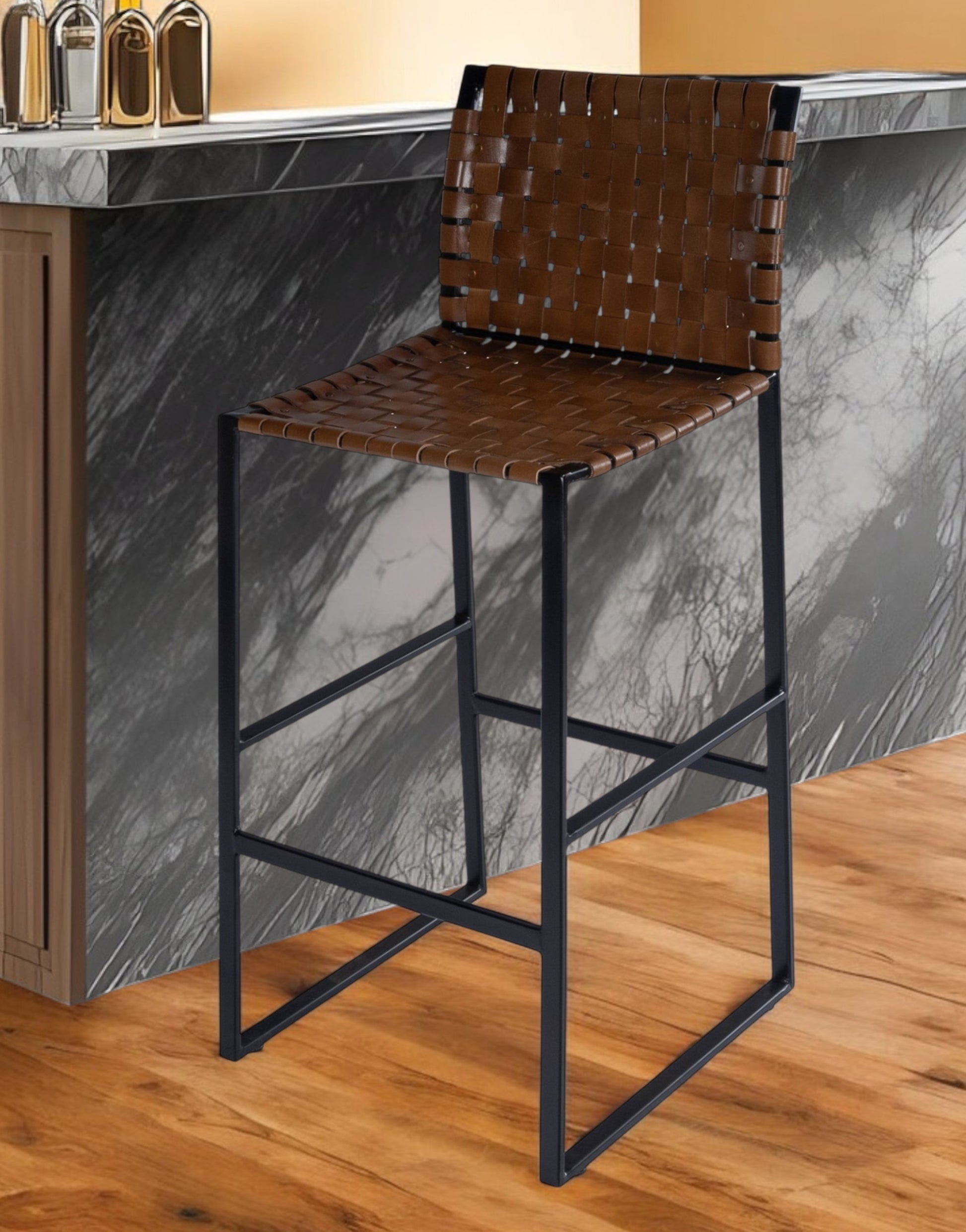 28" Brown and Black Leather and Iron Bar Chair-Bar Chairs-DECOROLALA