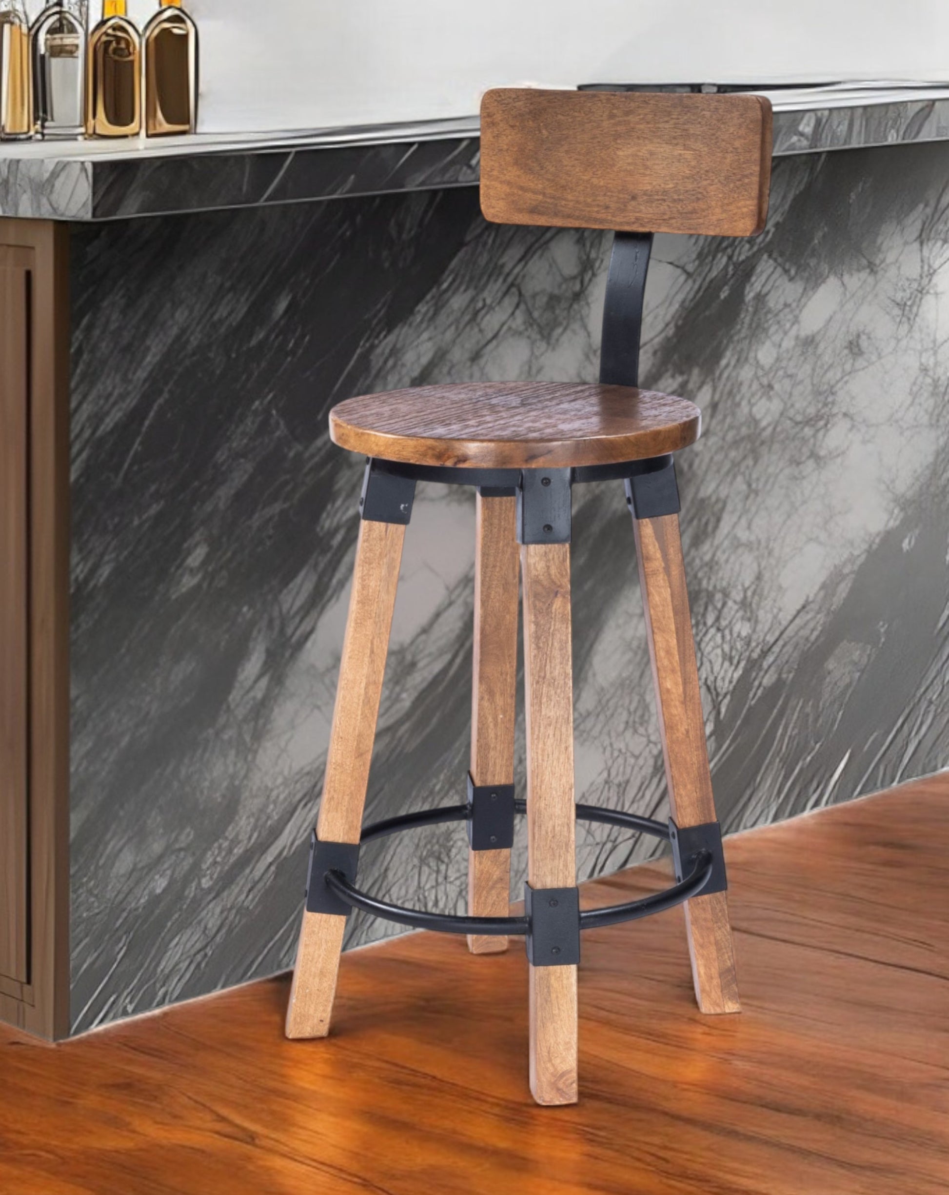 28" Brown and Natural Solid Wood and Iron Bar Chair-Bar Chairs-DECOROLALA