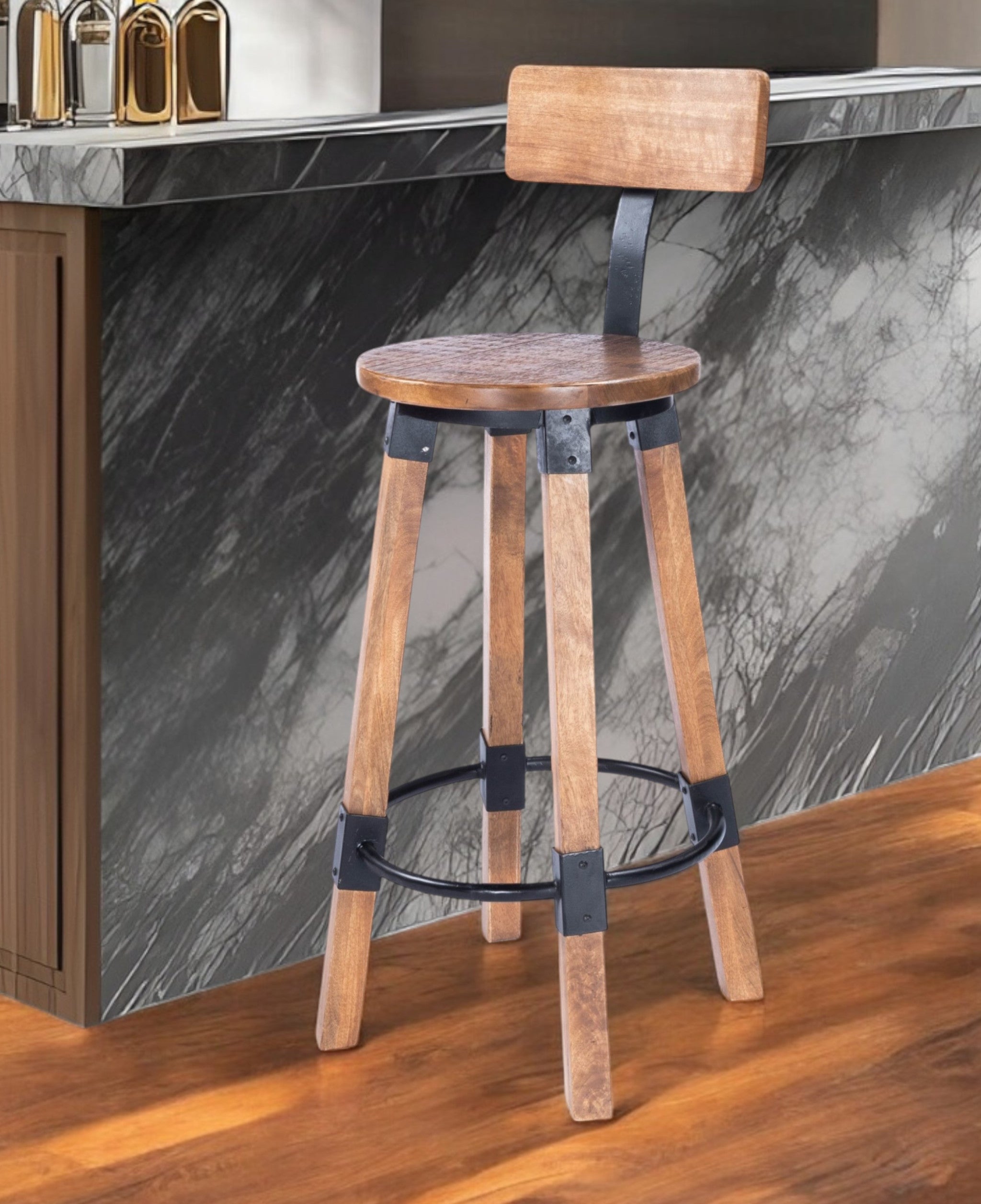 28" Brown and Natural Solid Wood and Iron Bar Chair-Bar Chairs-DECOROLALA