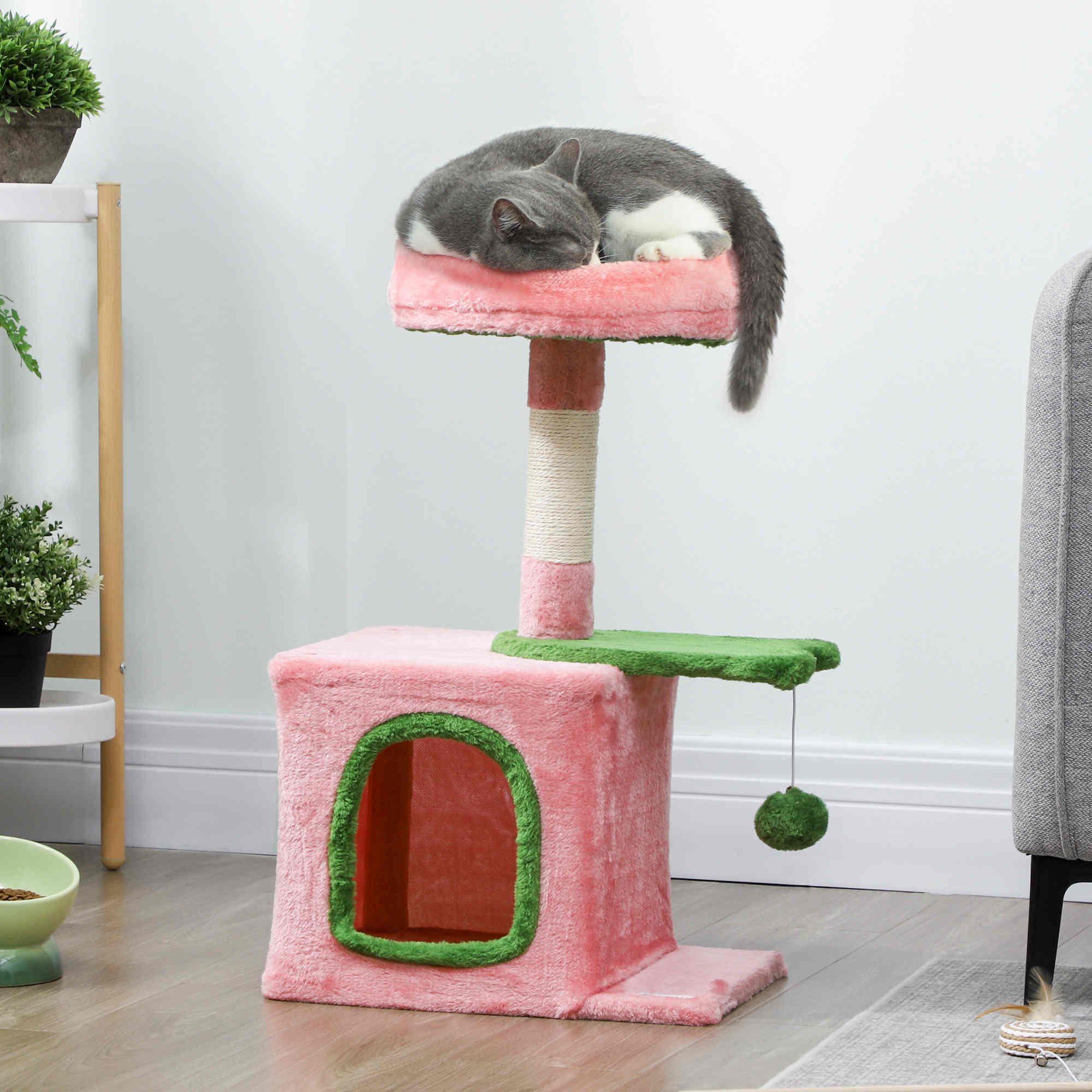 28" Cat Tree Tower with Condo and Sisal Post - Pink & Green-Cats-DECOROLALA