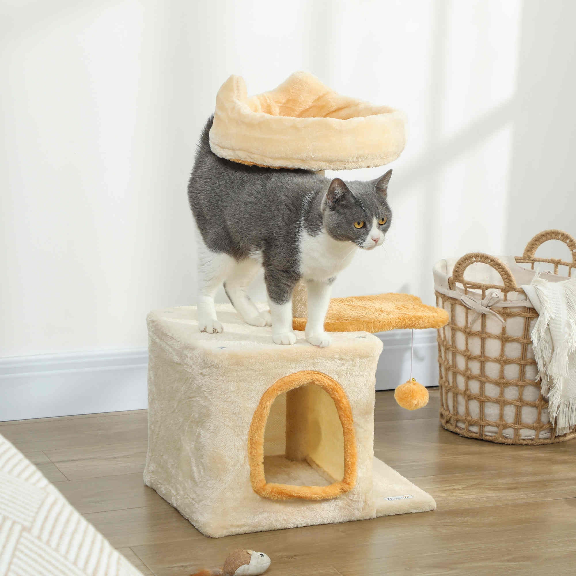 28" Cat Tree Tower with Condo and Sisal Scratching Post - Beige-Cats-DECOROLALA