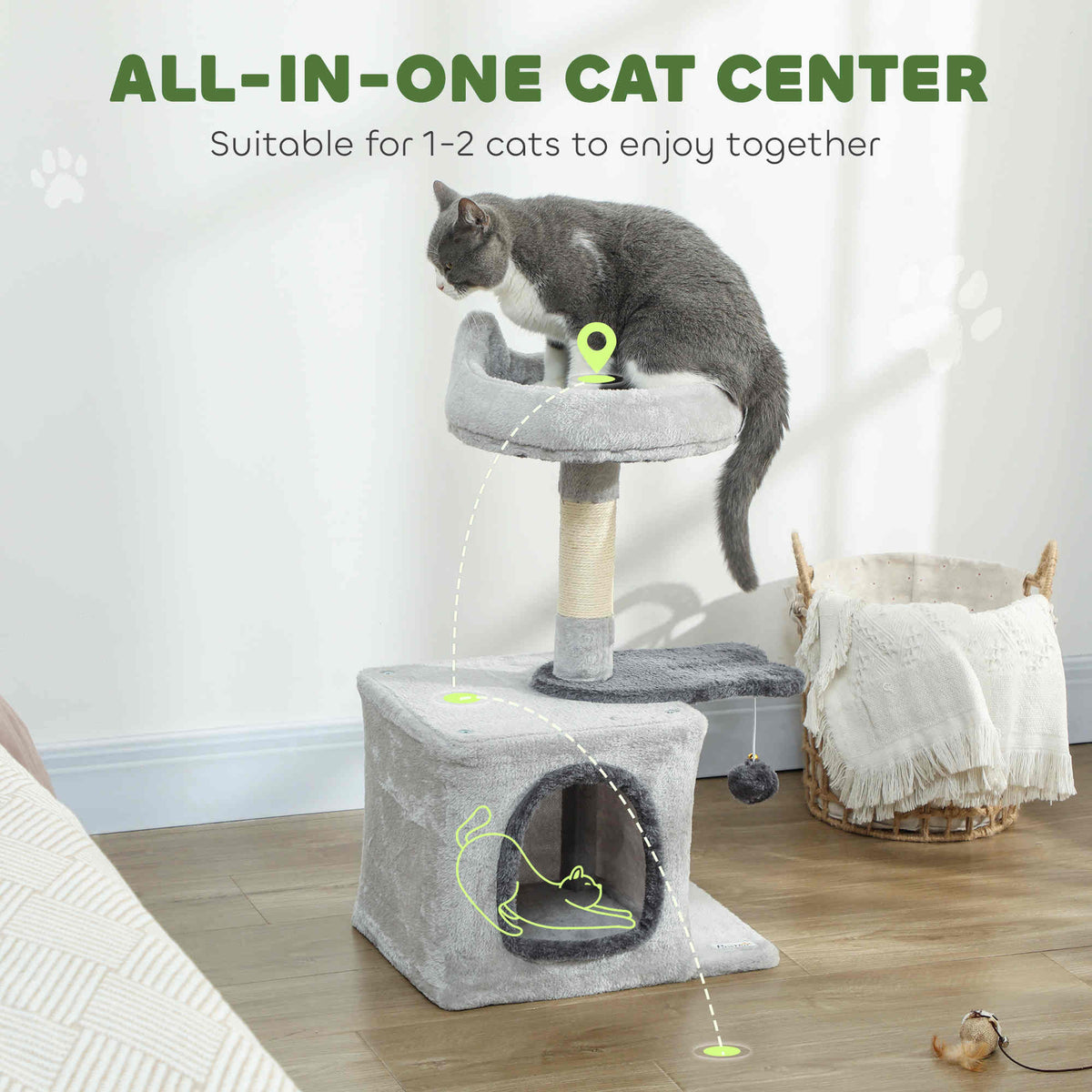 28" Cat Tree Tower with Condo and Sisal Scratching Post - Light Grey-Cats-DECOROLALA