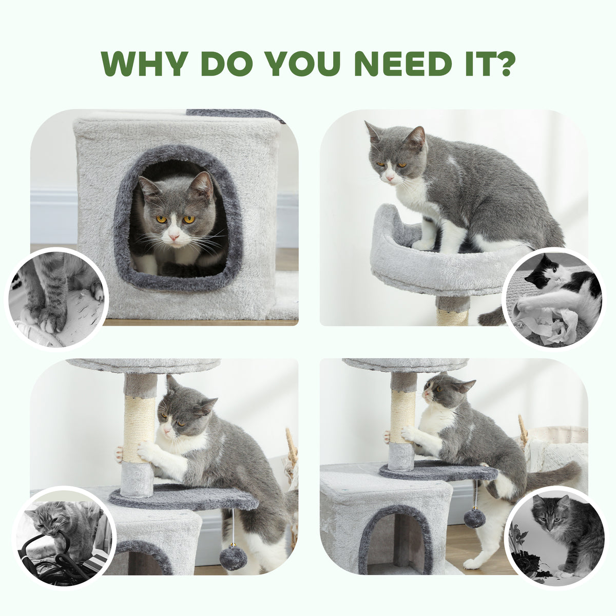 28" Cat Tree Tower with Condo and Sisal Scratching Post - Light Grey-Cats-DECOROLALA