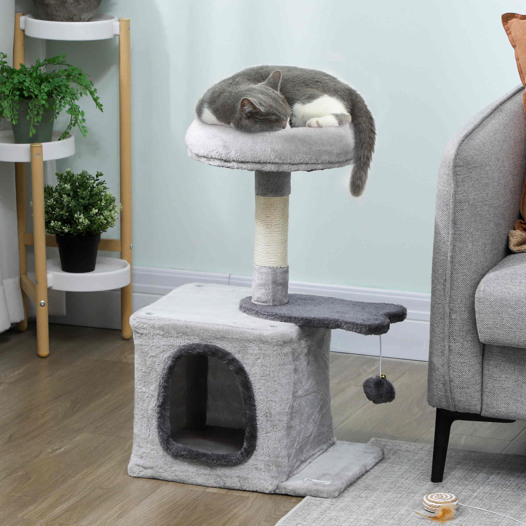 28" Cat Tree Tower with Condo and Sisal Scratching Post - Light Grey-Cats-DECOROLALA