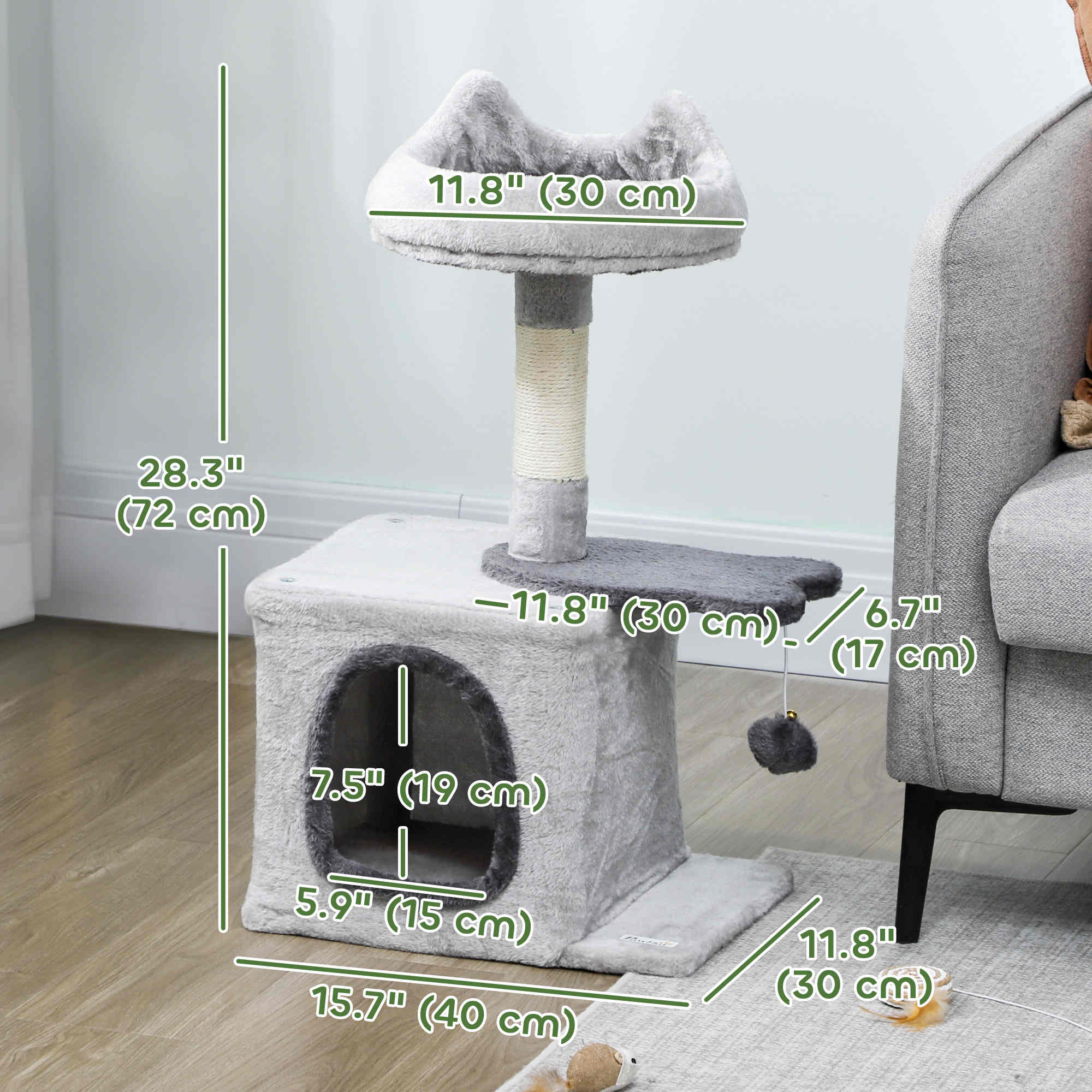 28" Cat Tree Tower with Plush Top Bed, Cozy Condo, Sisal Scratching Post, Perch, Dangling Ball, Light Grey-Cats-DECOROLALA