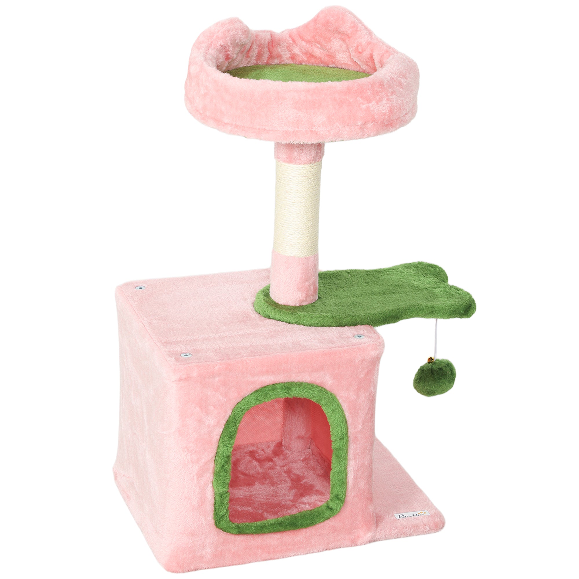 28" Cat Tree Tower with Plush Top Bed, Cozy Condo, Sisal Scratching Post, Perch, Dangling Ball, Pink & Green-Cats-DECOROLALA