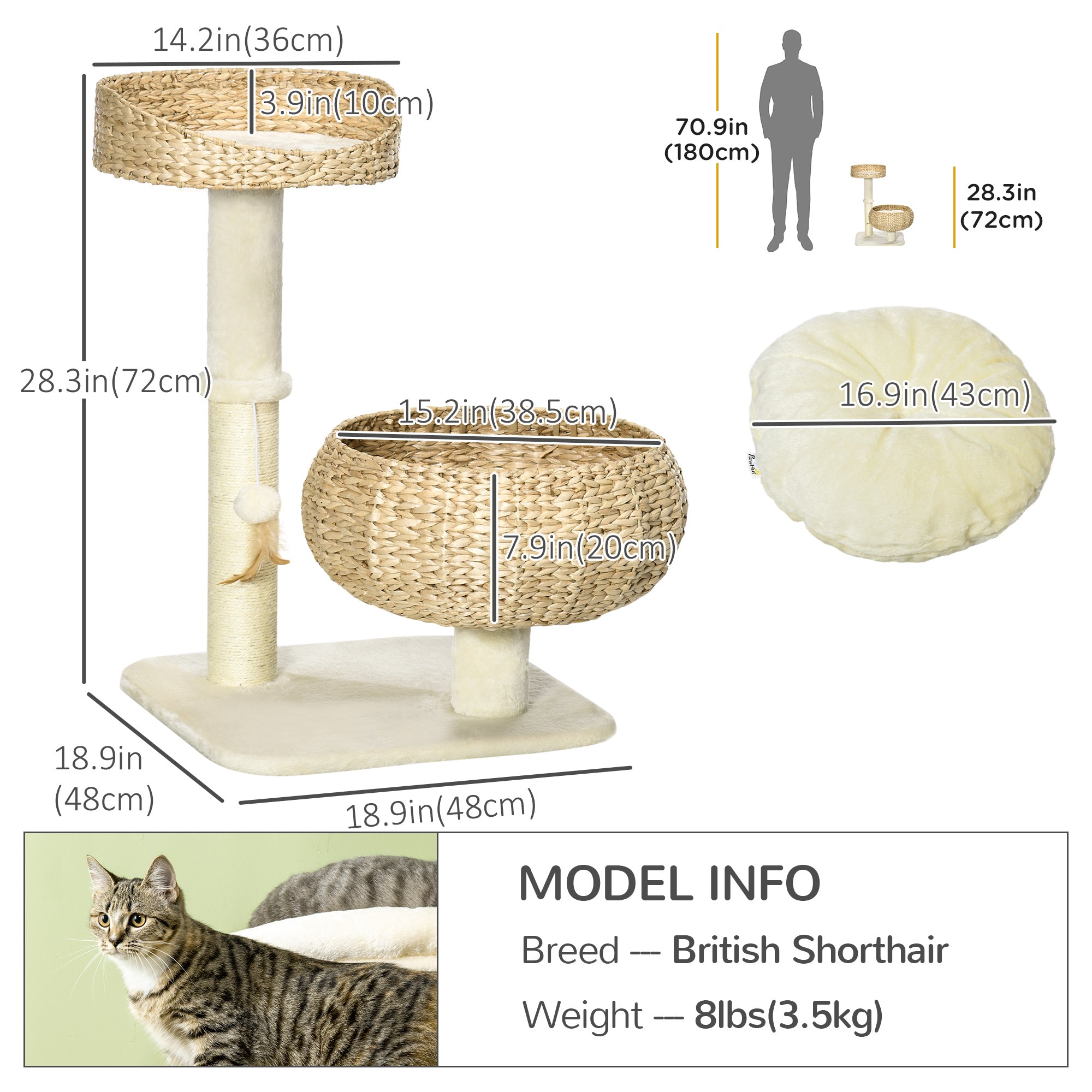 28" Cat Tree with Scratching Post, Cat Tower with Double Beds, Beige-Cats-DECOROLALA