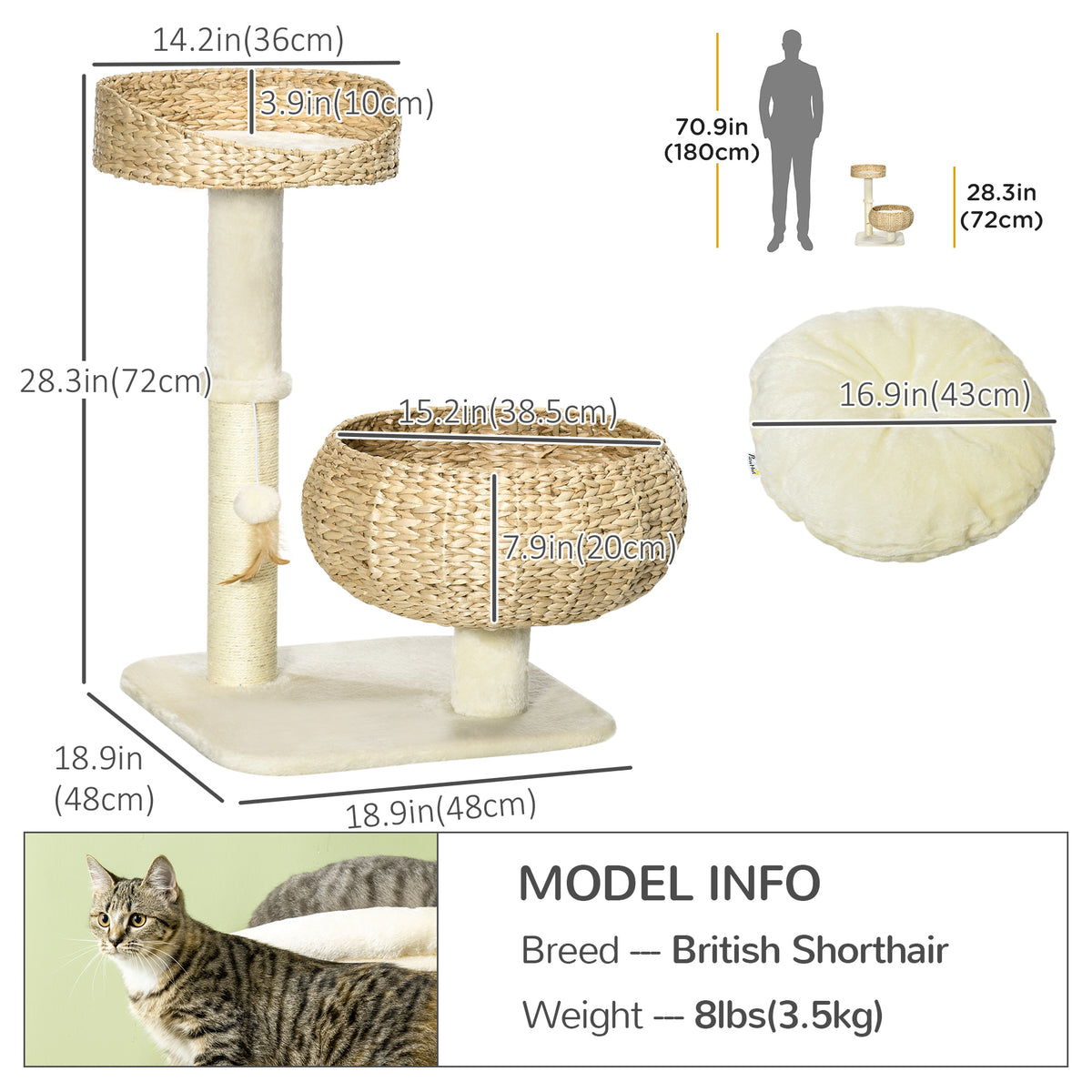 28" Cat Tree with Scratching Post and Double Beds - Beige-Cats-DECOROLALA