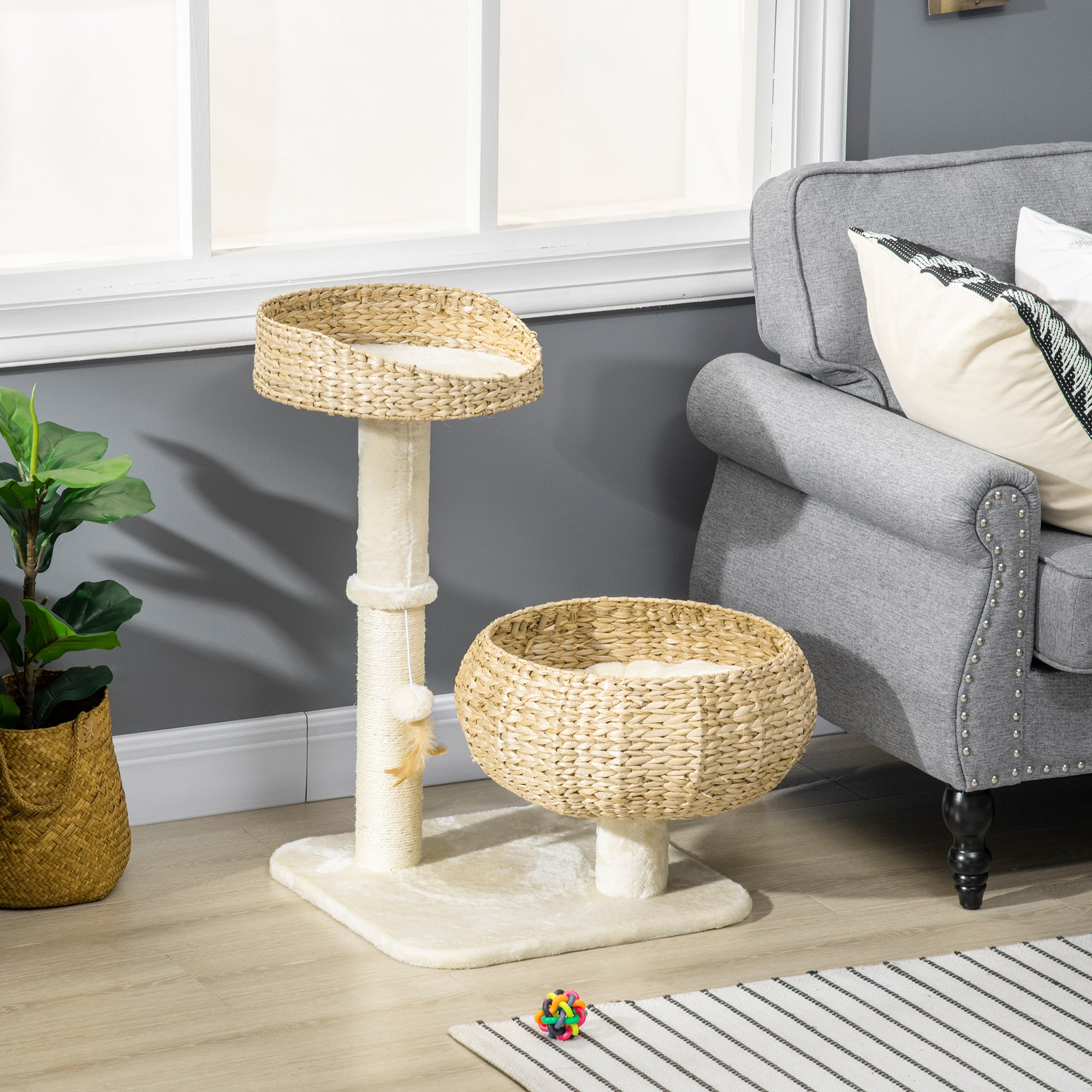 28" Cat Tree with Scratching Post and Double Beds - Beige-Cats-DECOROLALA