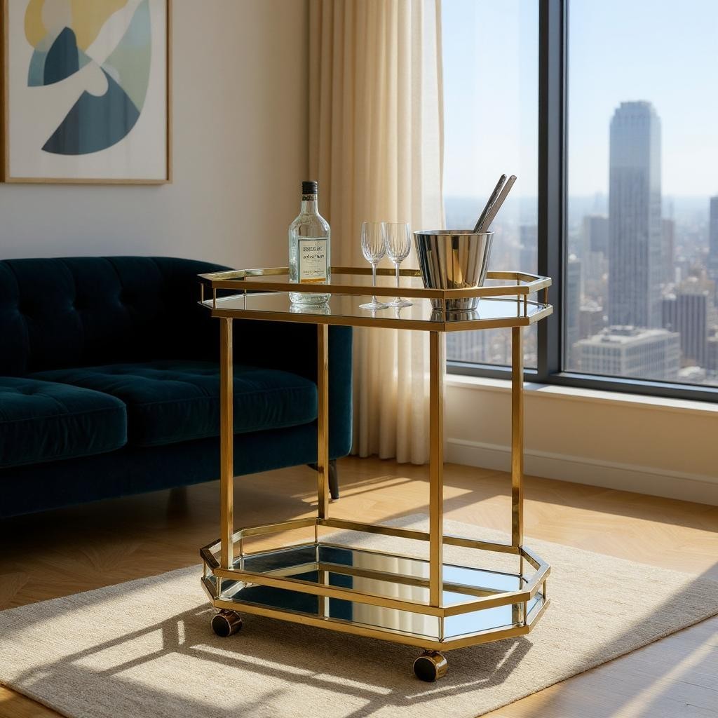 28" Champagne and Clear Glass and Iron Octagon Rolling Prep Table-Kitchen Carts-Islands-DECOROLALA