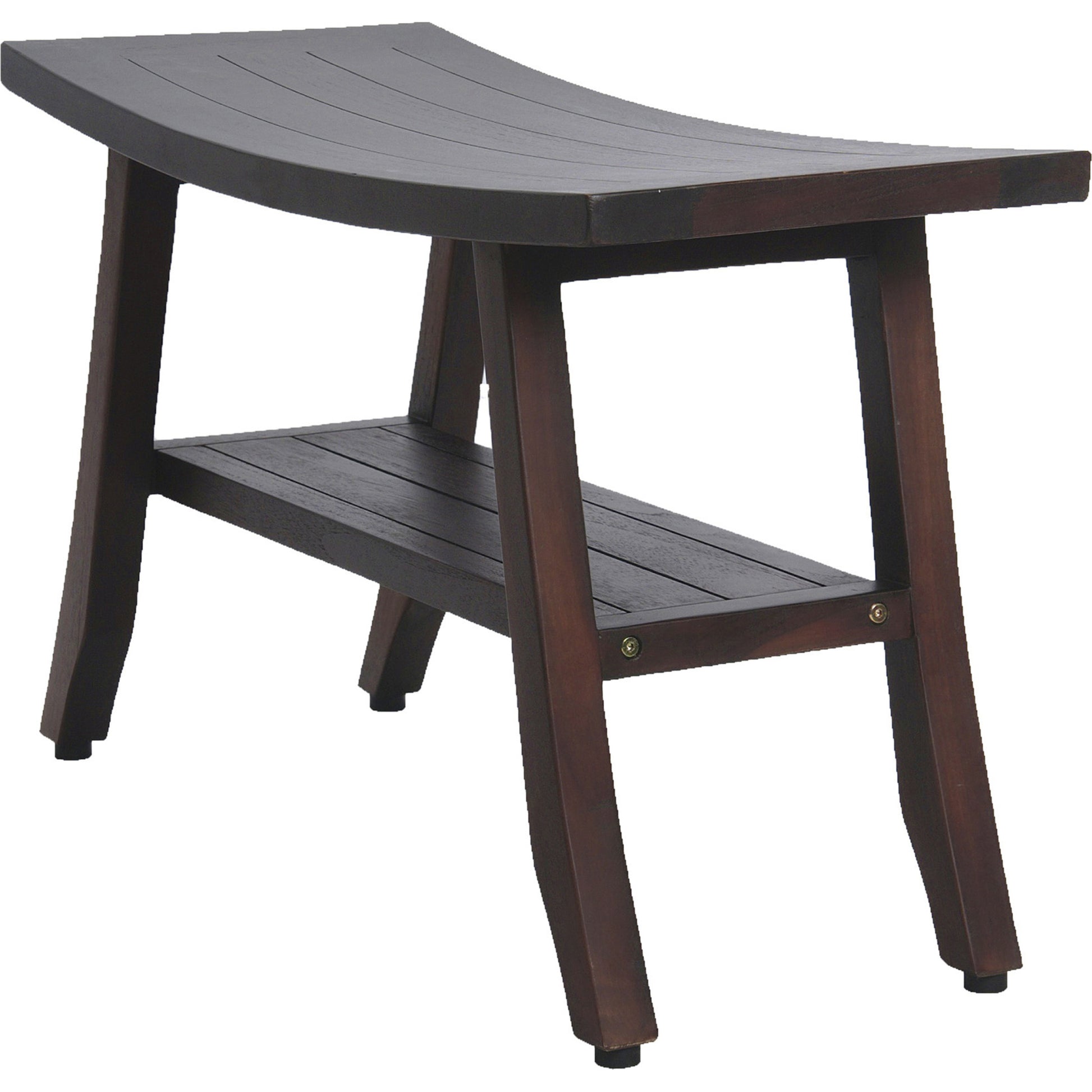 28" Dark Brown Teak Rectangular Shower Bench With Shelf-Shower Benches-DECOROLALA