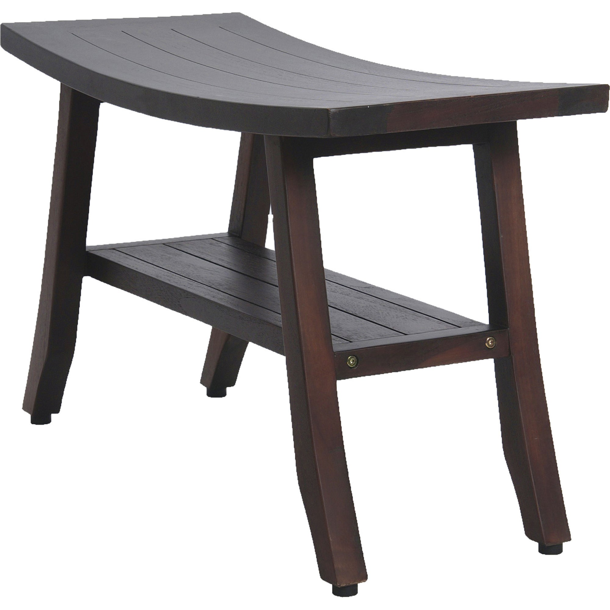 28" Dark Brown Teak Rectangular Shower Bench With Shelf-Shower Benches-DECOROLALA