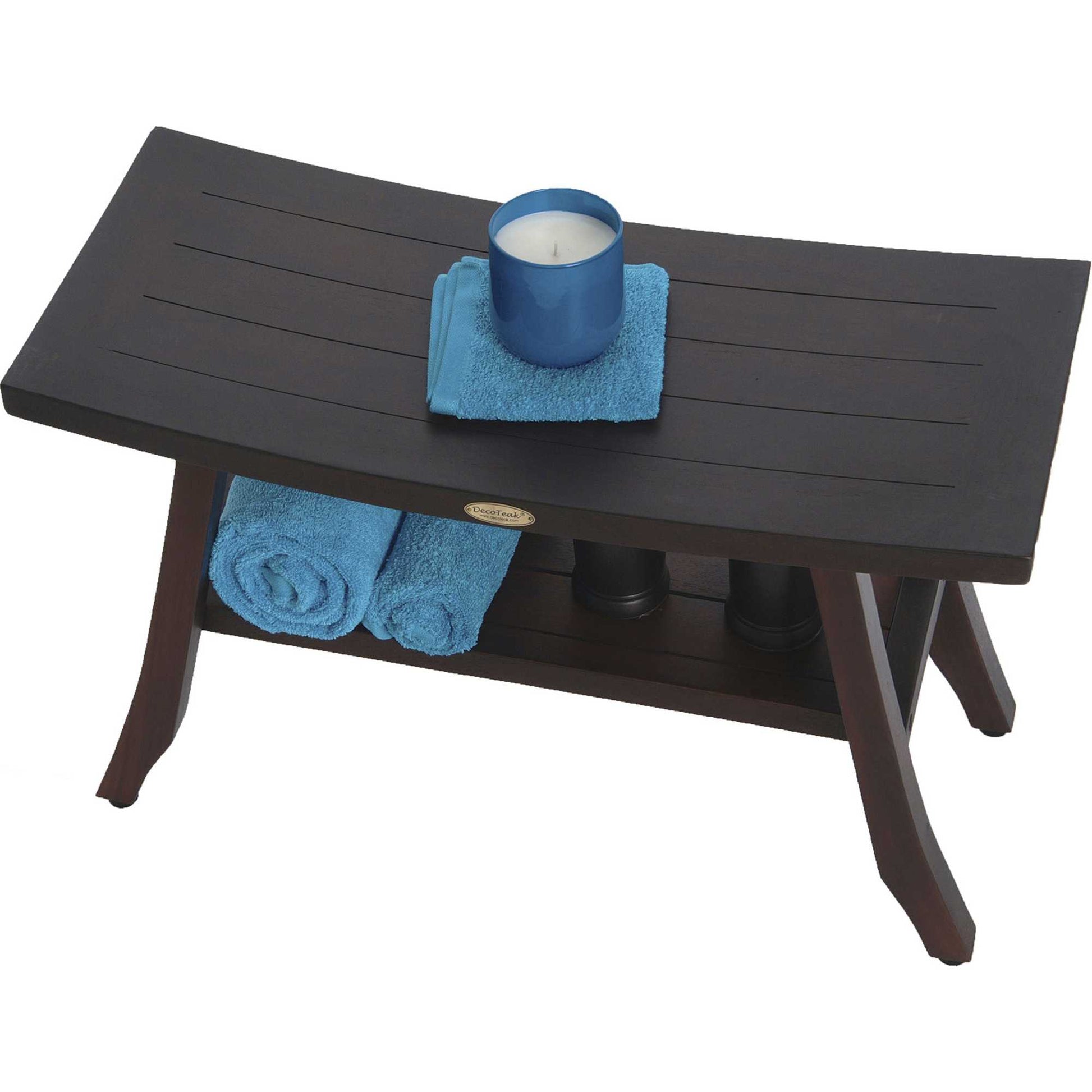28" Dark Brown Teak Rectangular Shower Bench With Shelf-Shower Benches-DECOROLALA