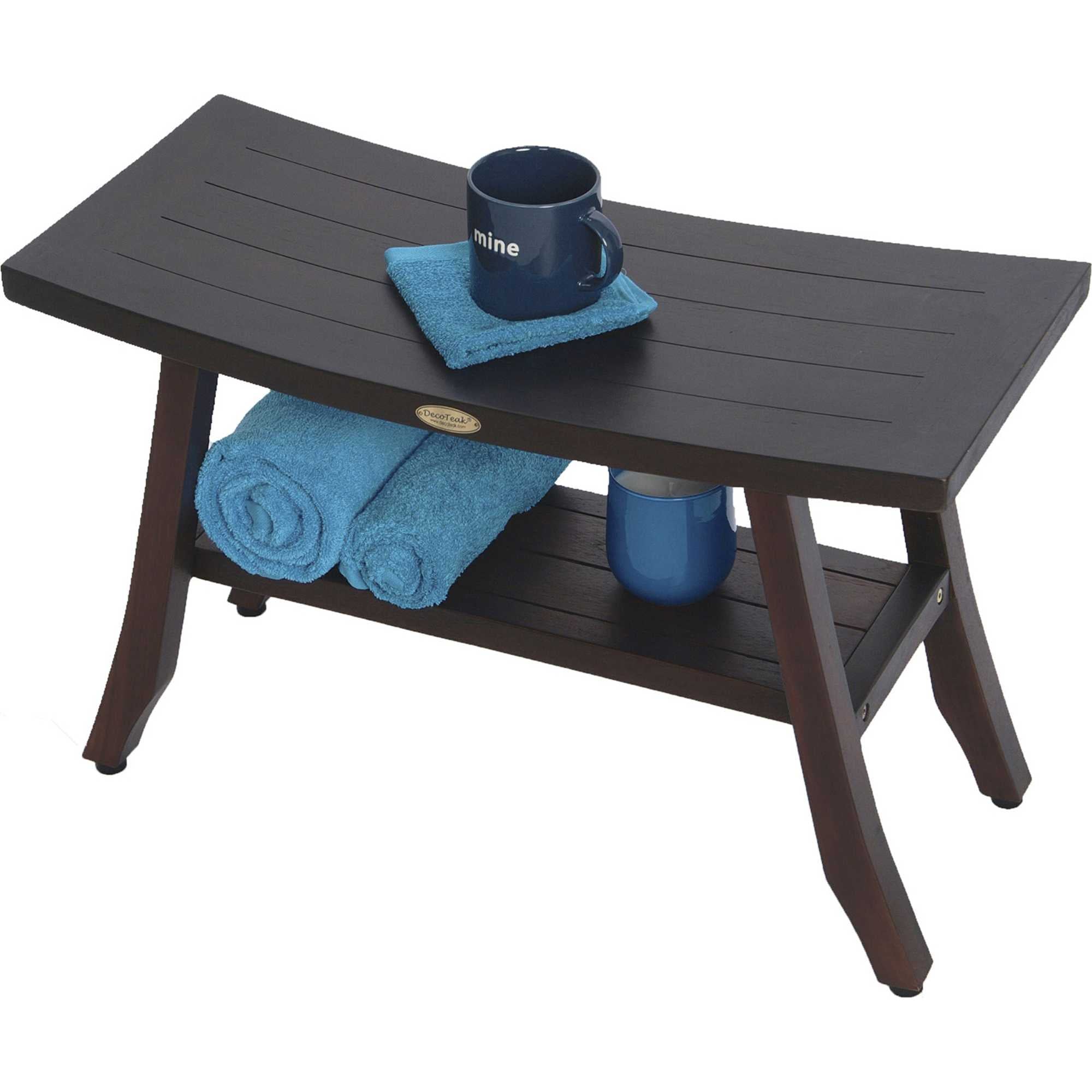28" Dark Brown Teak Rectangular Shower Bench With Shelf-Shower Benches-DECOROLALA