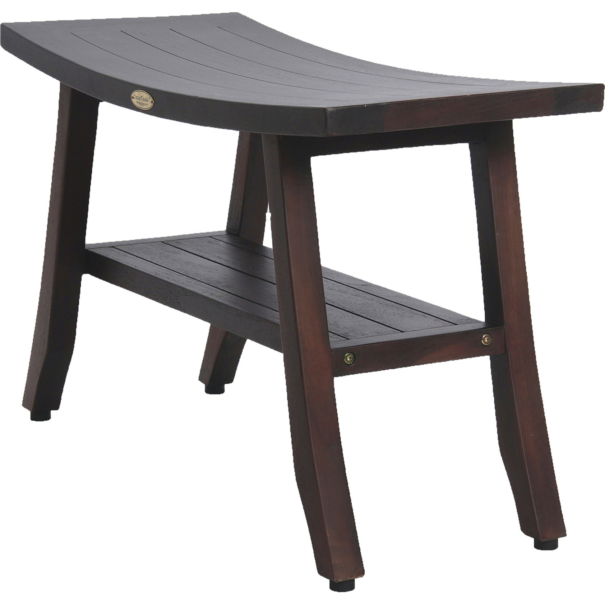 28" Dark Brown Teak Rectangular Shower Bench With Shelf-Shower Benches-DECOROLALA