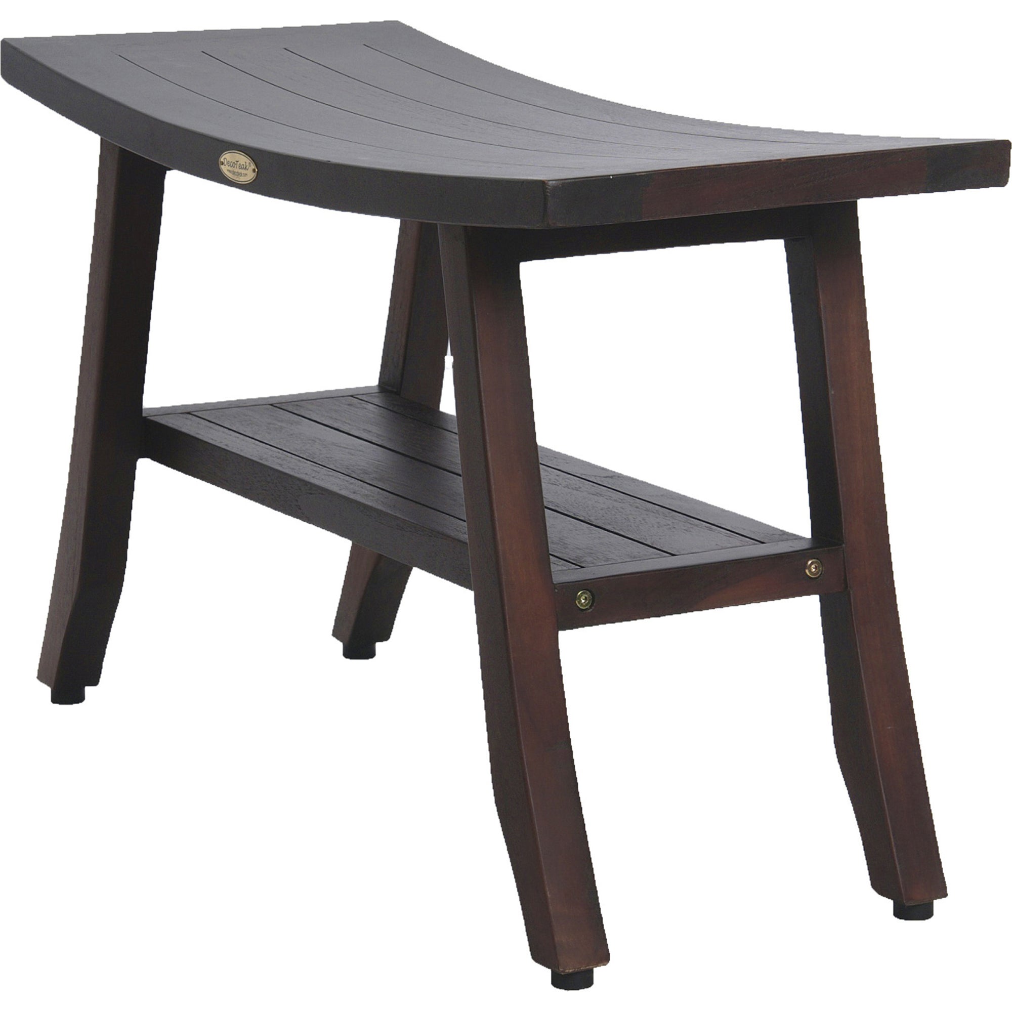 28" Dark Brown Teak Rectangular Shower Bench With Shelf-Shower Benches-DECOROLALA