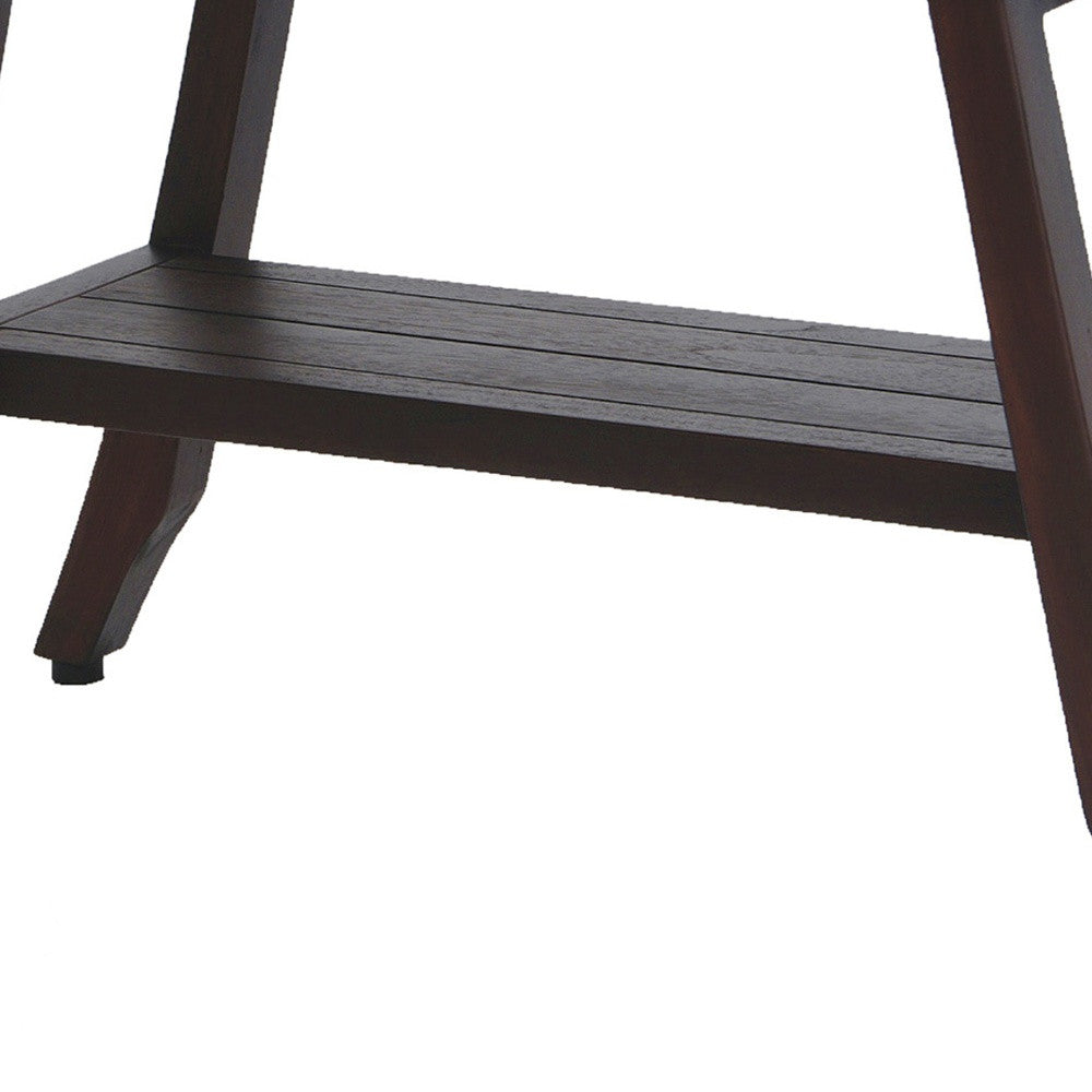 28" Dark Brown Teak Rectangular Shower Bench With Shelf-Shower Benches-DECOROLALA
