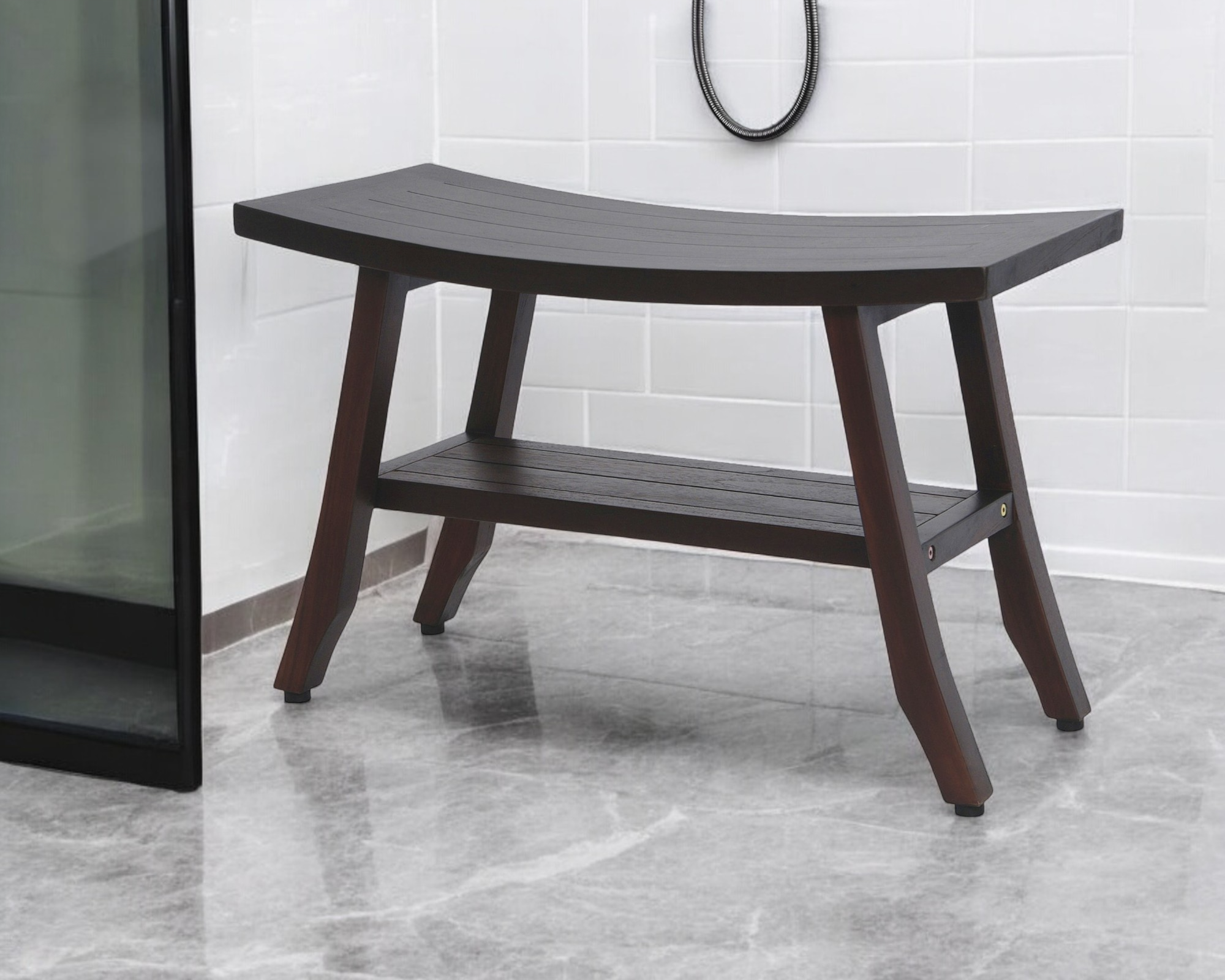 28" Dark Brown Teak Rectangular Shower Bench With Shelf-Shower Benches-DECOROLALA