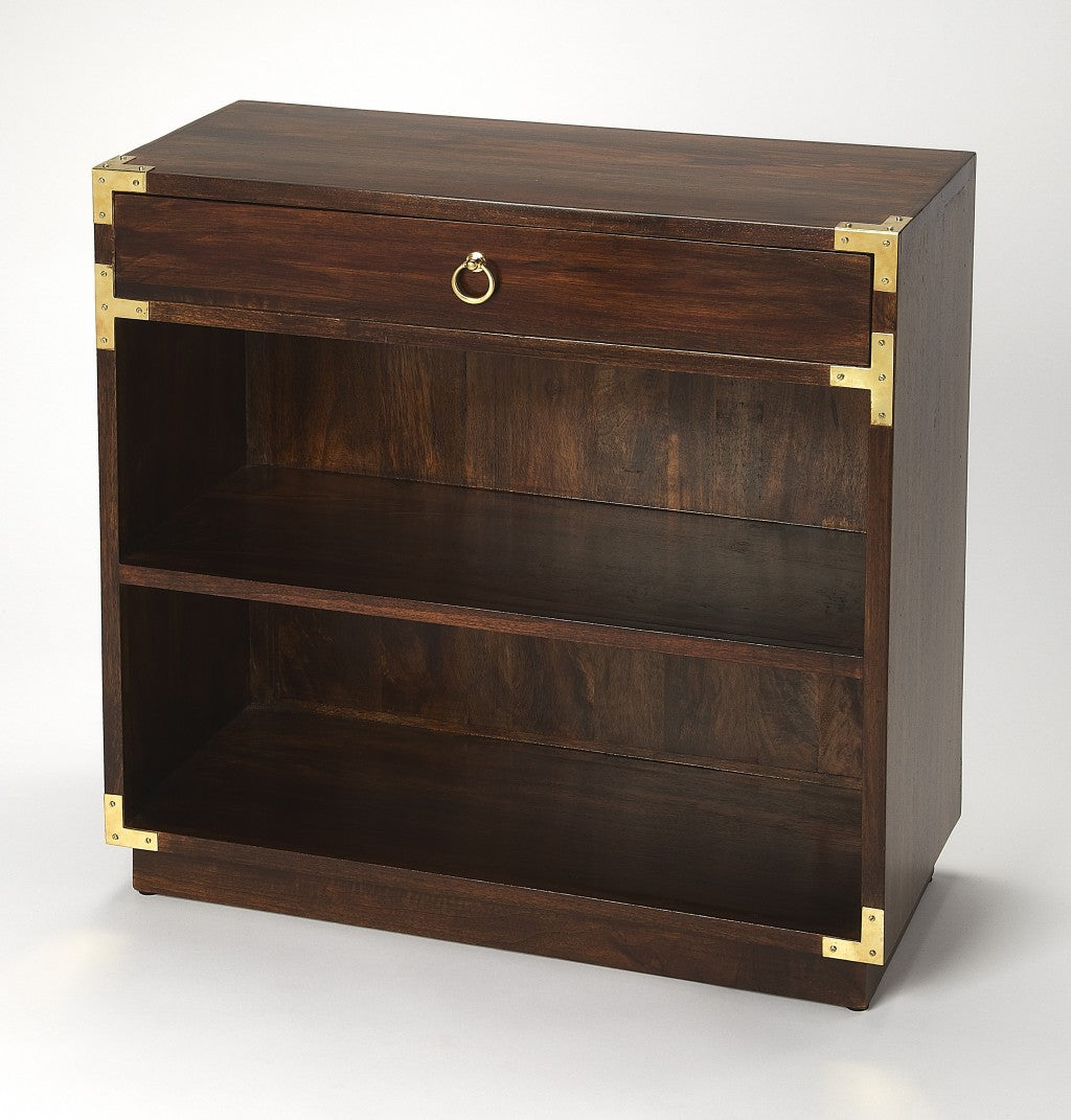 28" Dark Brown Wood Two Tier Bookcase with A Drawer-Bookcases-DECOROLALA