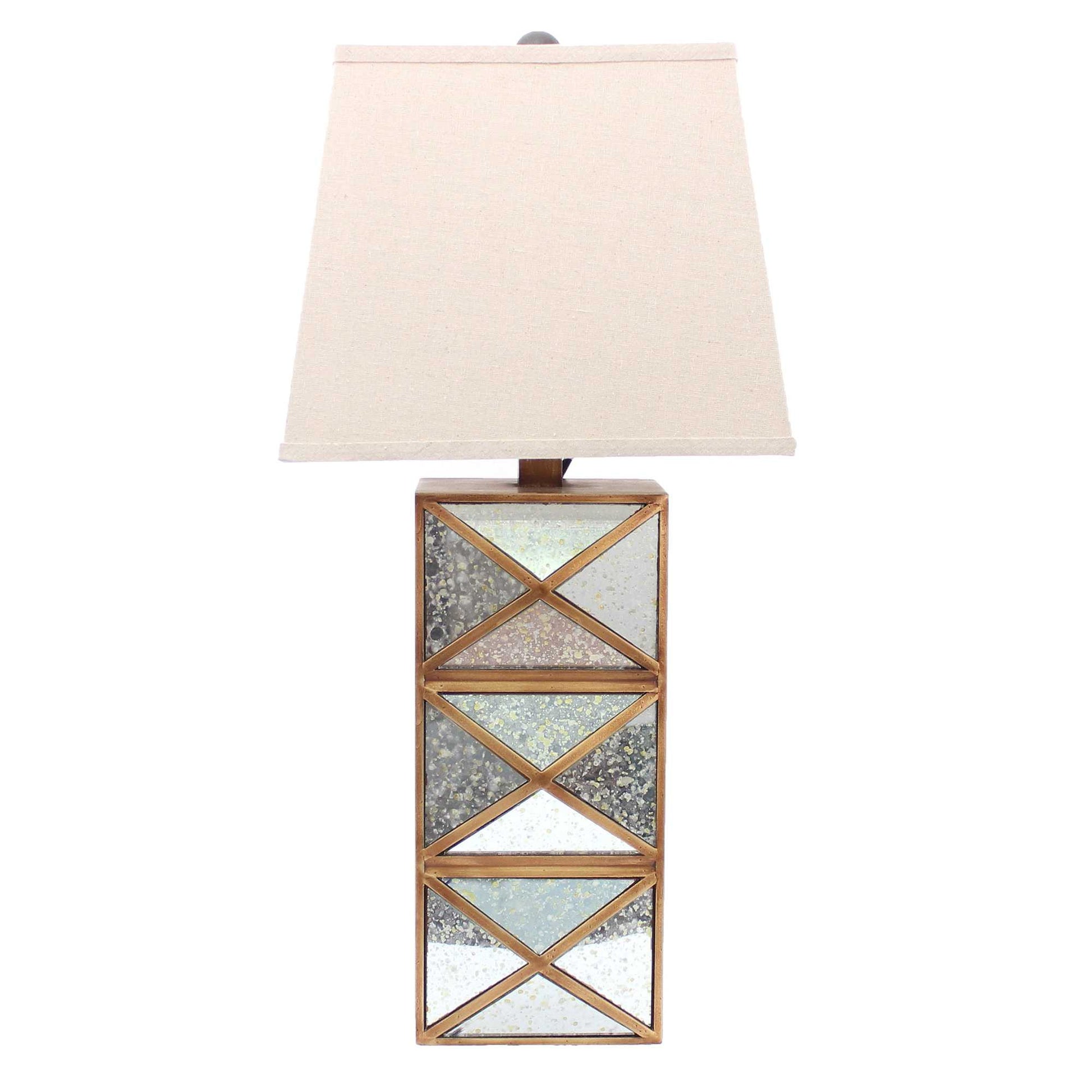 28" Distressed Gold And Silver Metal Bedside Lamp With Beige Shade-Table Lamps-DECOROLALA