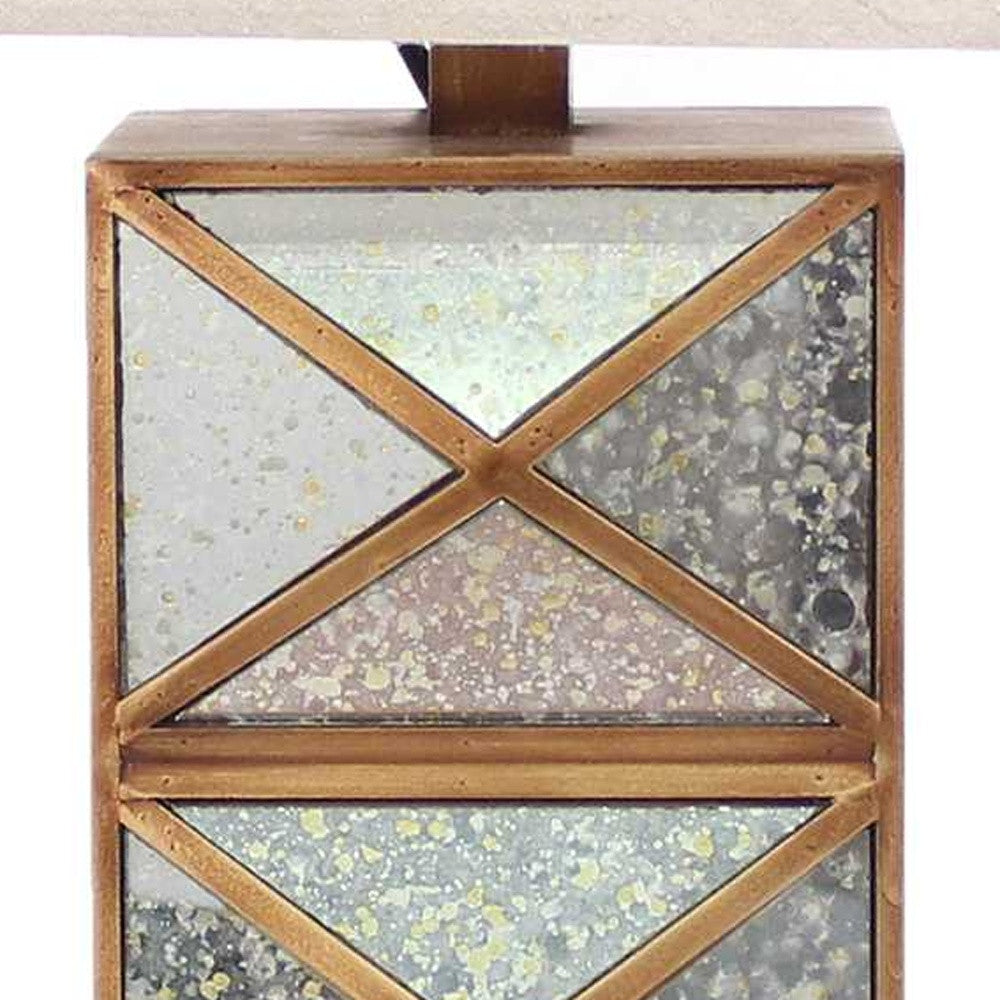 28" Distressed Gold And Silver Metal Bedside Lamp With Beige Shade-Table Lamps-DECOROLALA